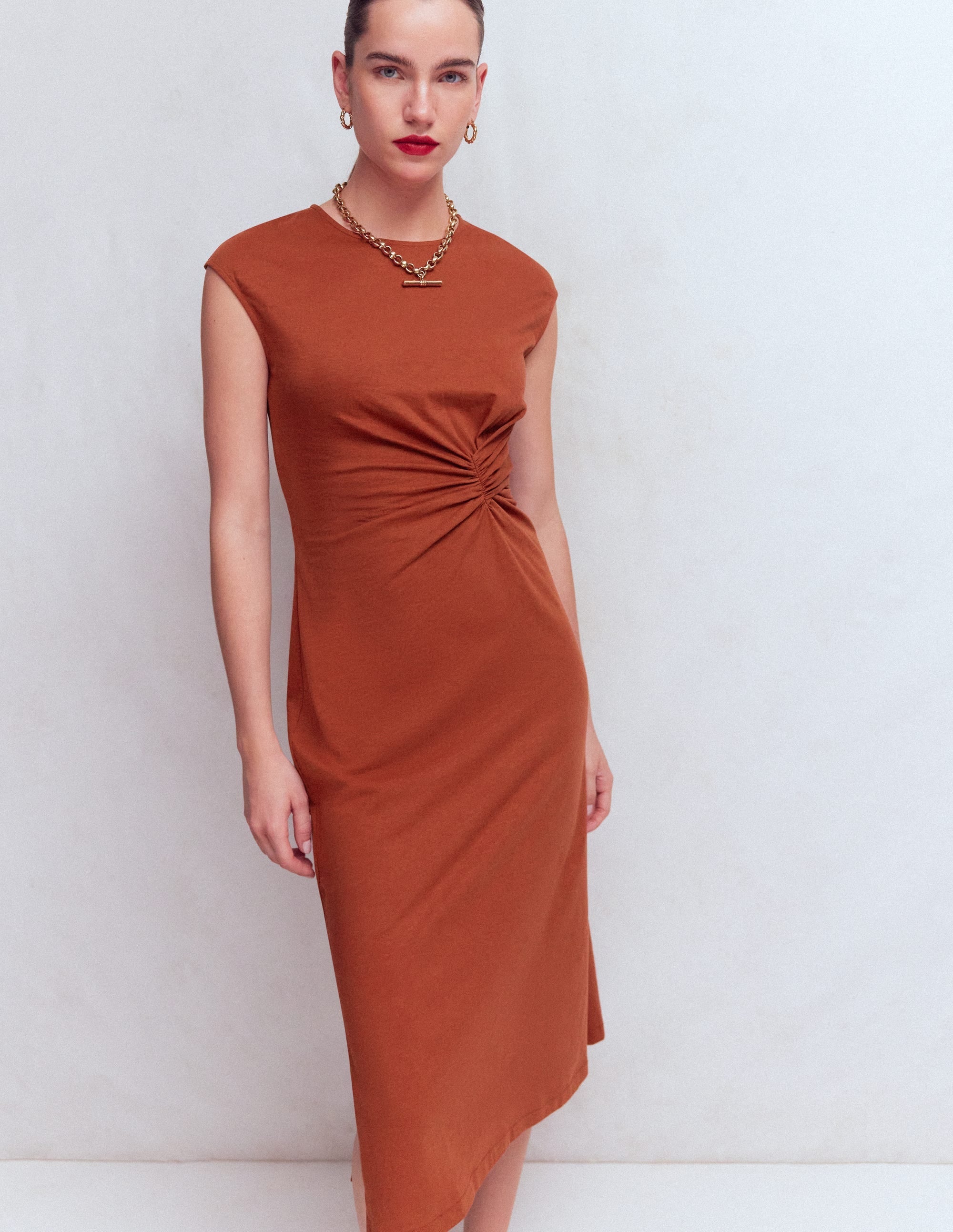 Delilah Twist Midi Dress-Burnt Orange