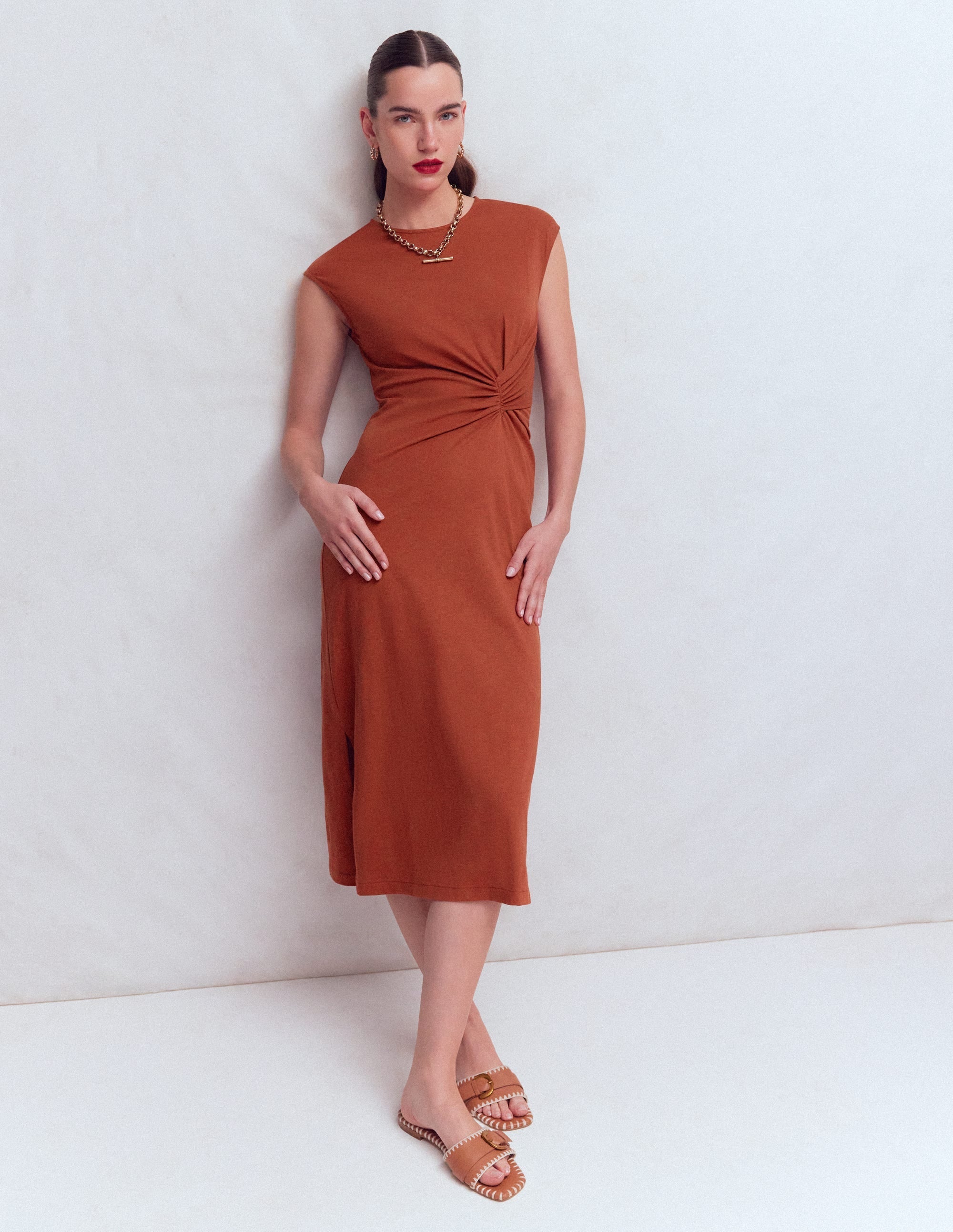 Delilah Twist Midi Dress-Burnt Orange