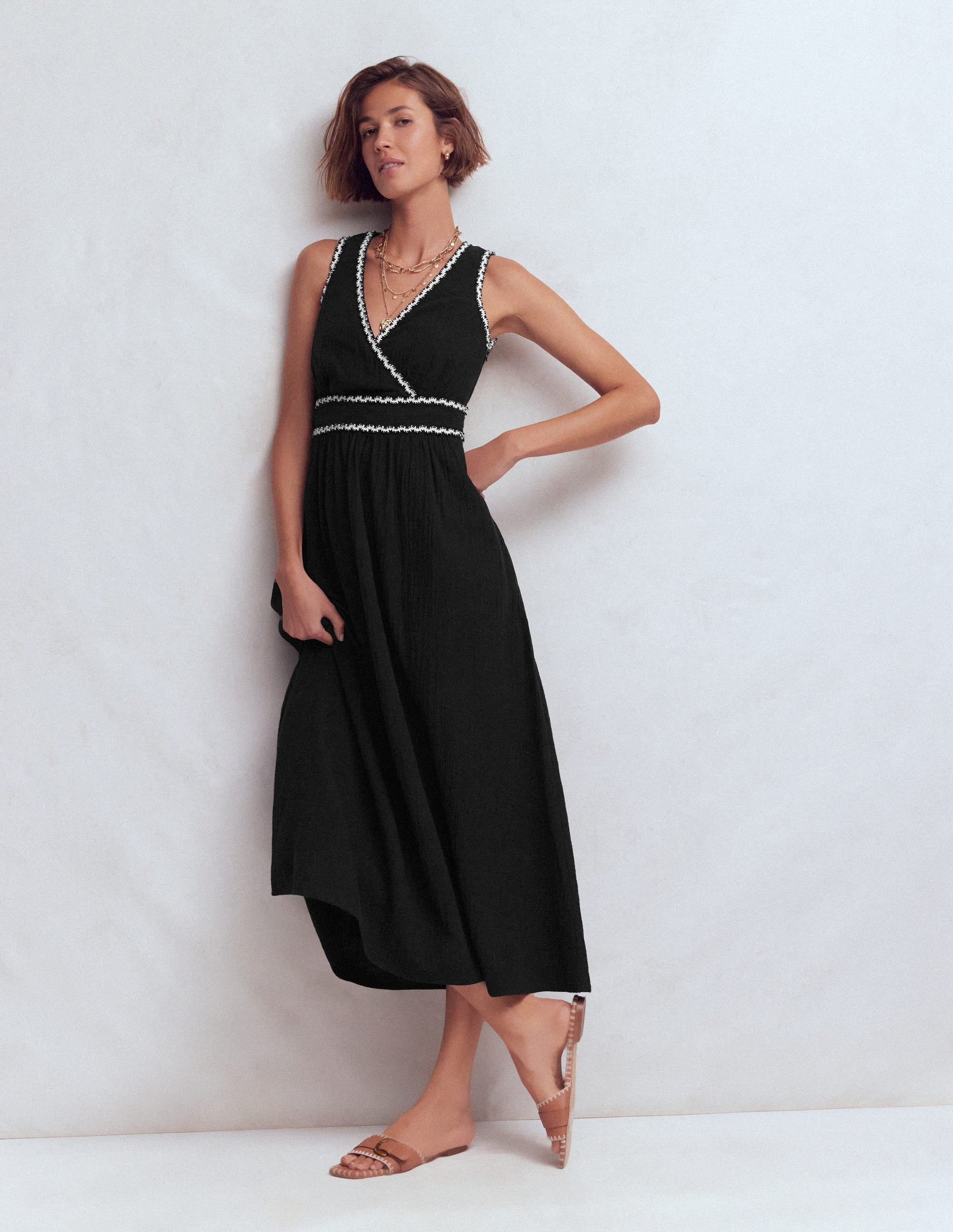 Lorna Trim Double Cloth Dress-Black Ivory