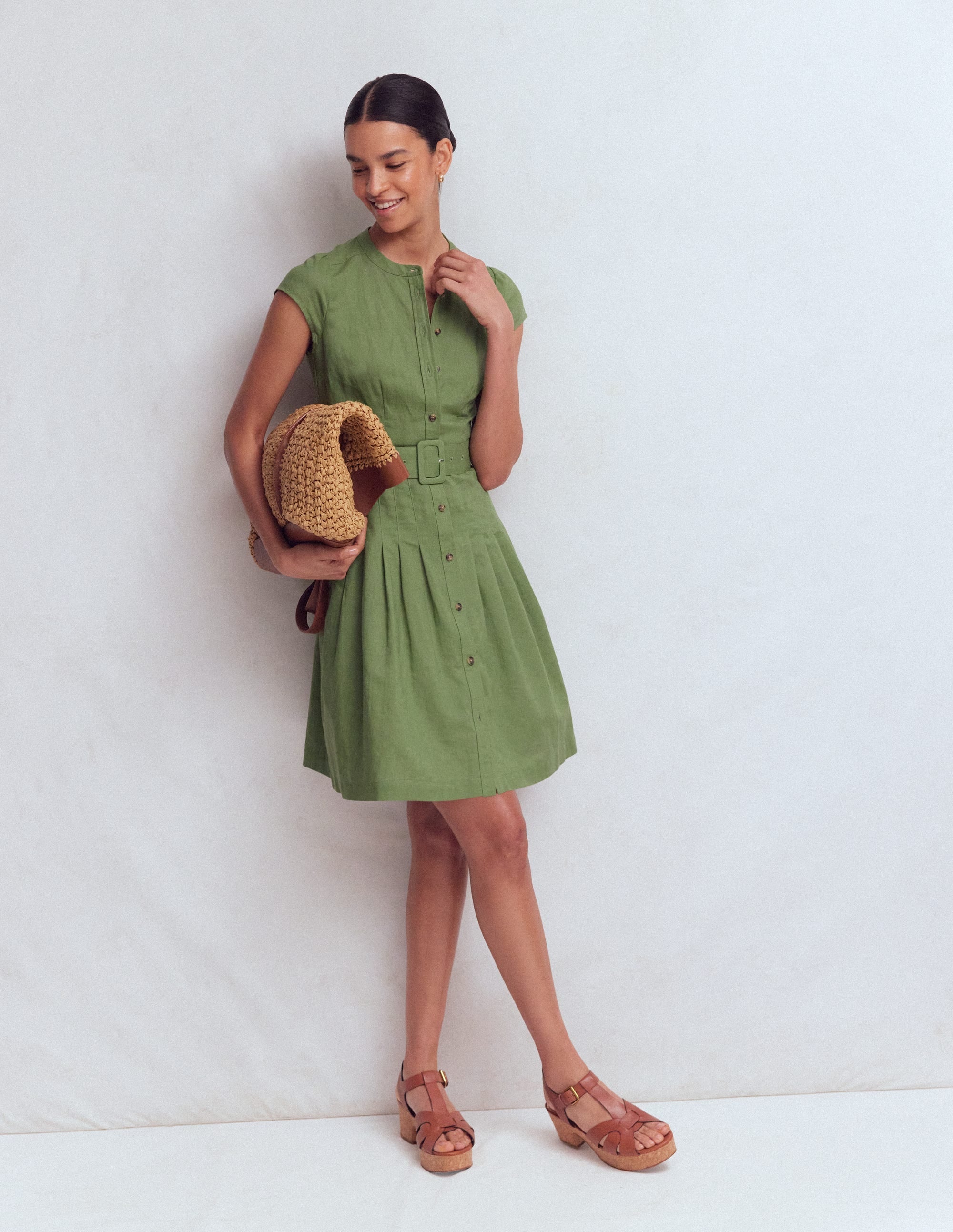 Arabella Short Linen Dress-Safari Green