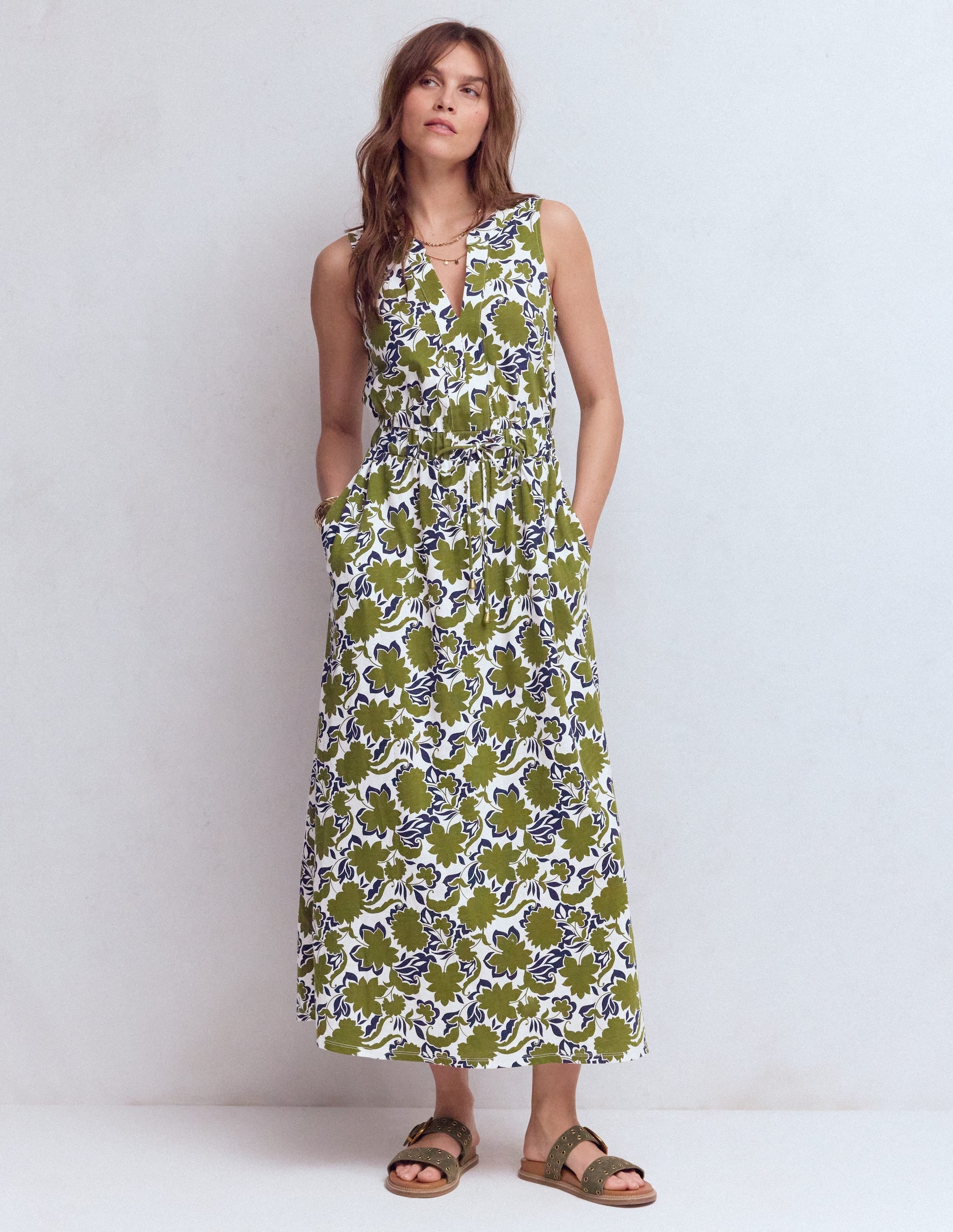 Delphine Midi Sleeveless Dress-Olive, Shadow Blossom