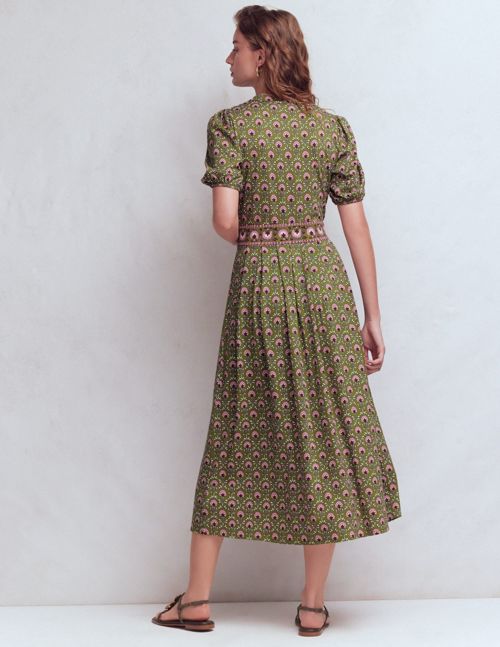Amber Pleat Jersey Midi Dress-Olive, Flower Lattice