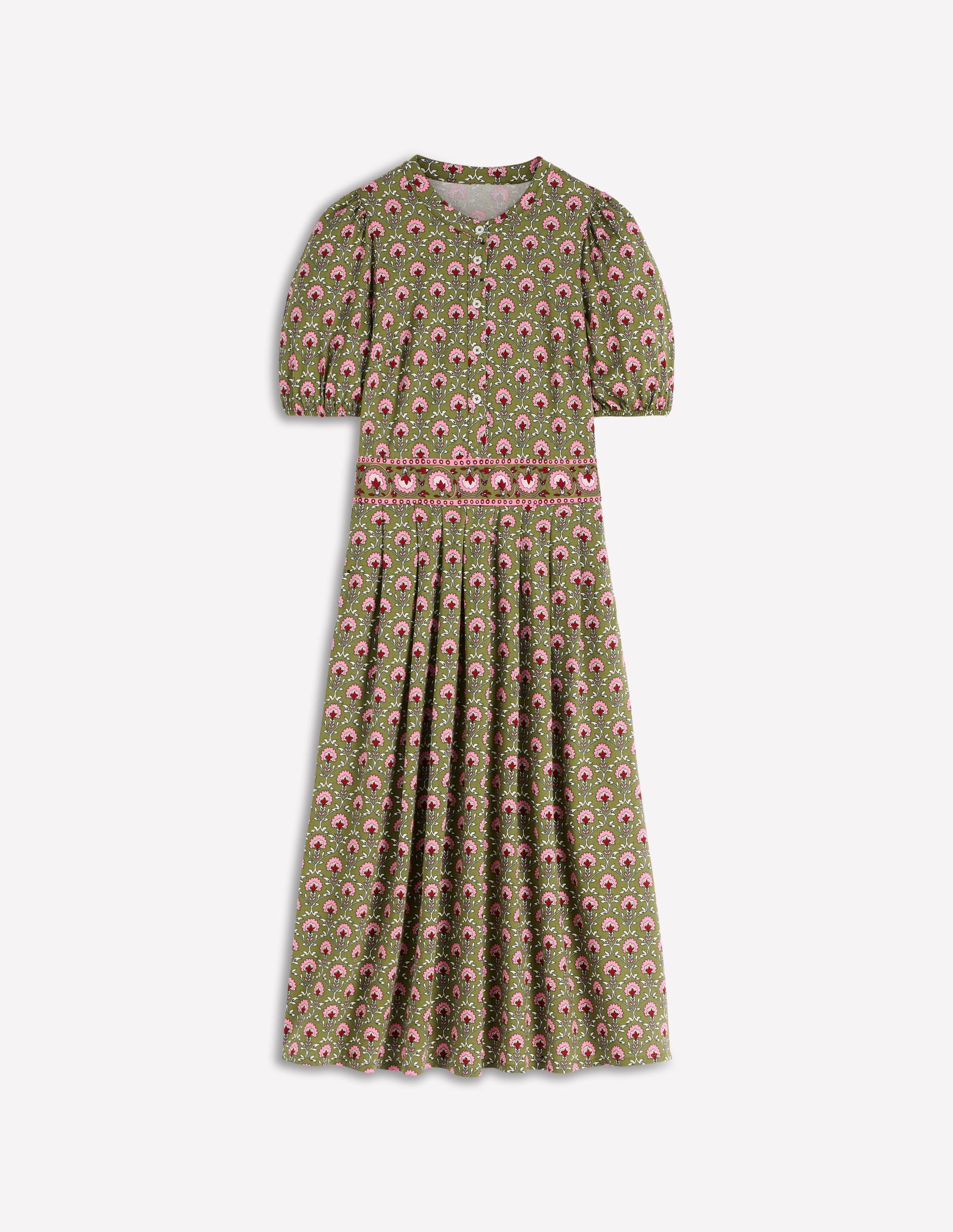Amber Pleat Jersey Midi Dress-Olive, Flower Lattice