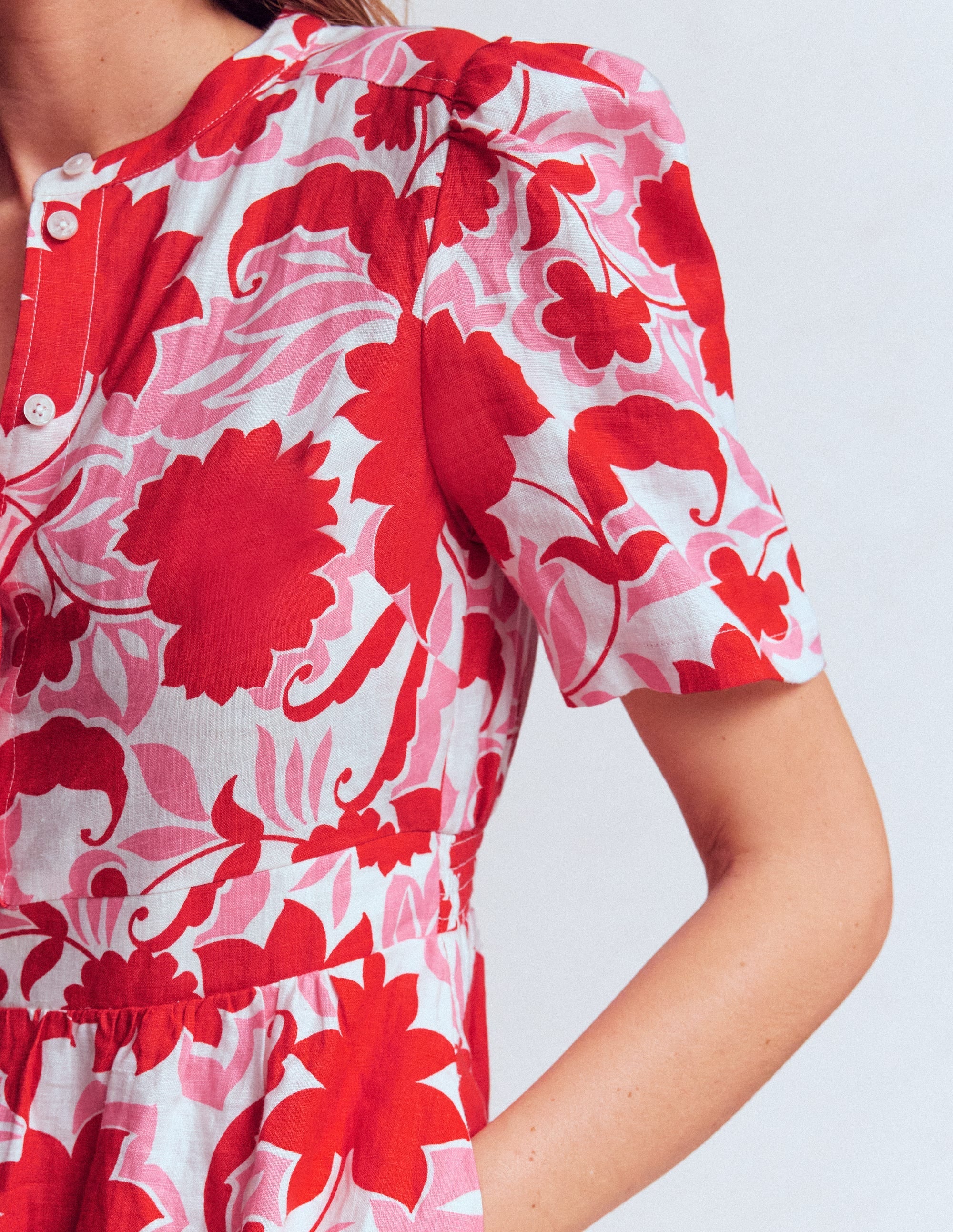 Ivy Linen Midi Dress-Red Shadow Blossom