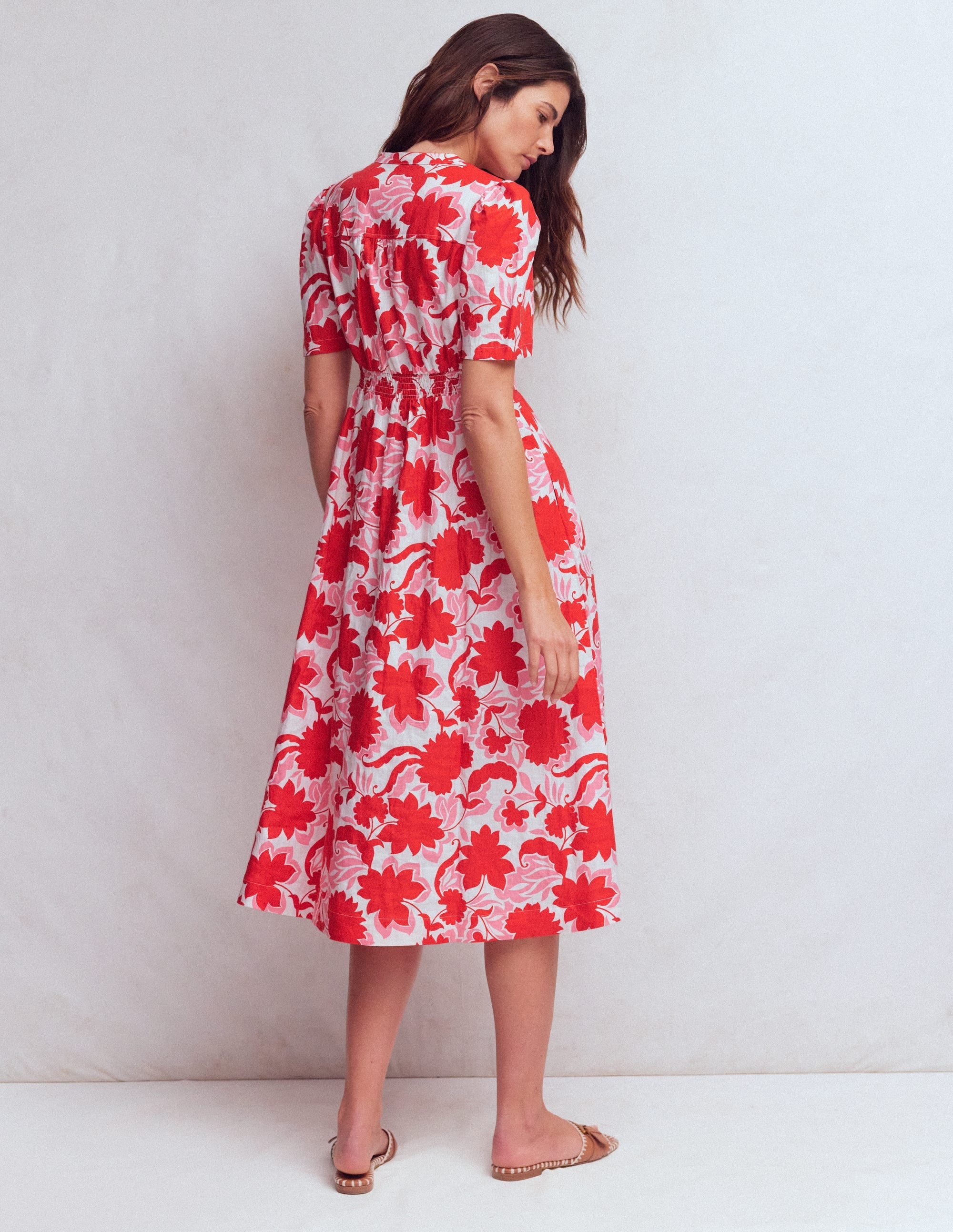 Ivy Linen Midi Dress-Red Shadow Blossom