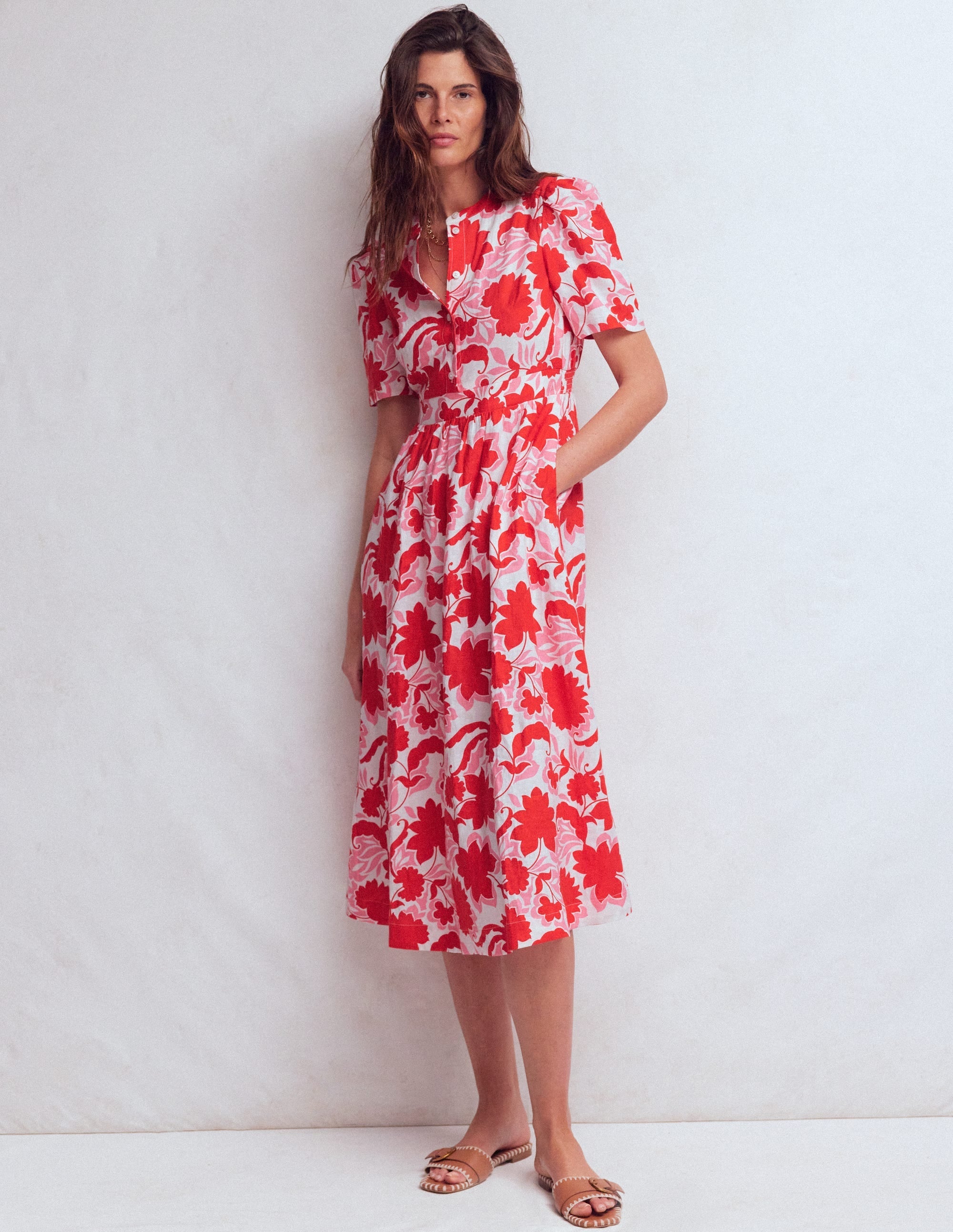 Ivy Linen Midi Dress-Red Shadow Blossom