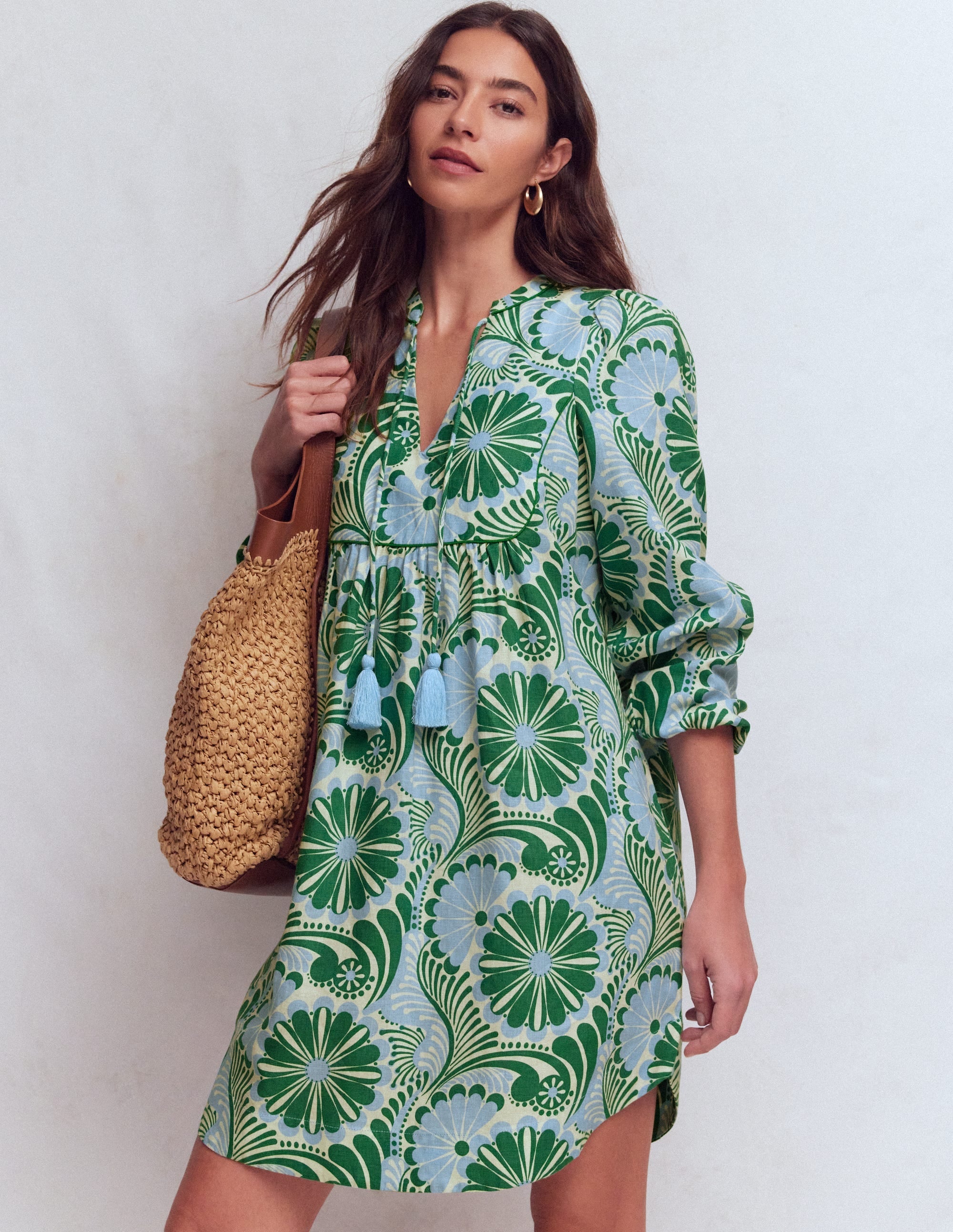 Pia Linen Yoke Tassel Dress-Blue Euphoric Garden