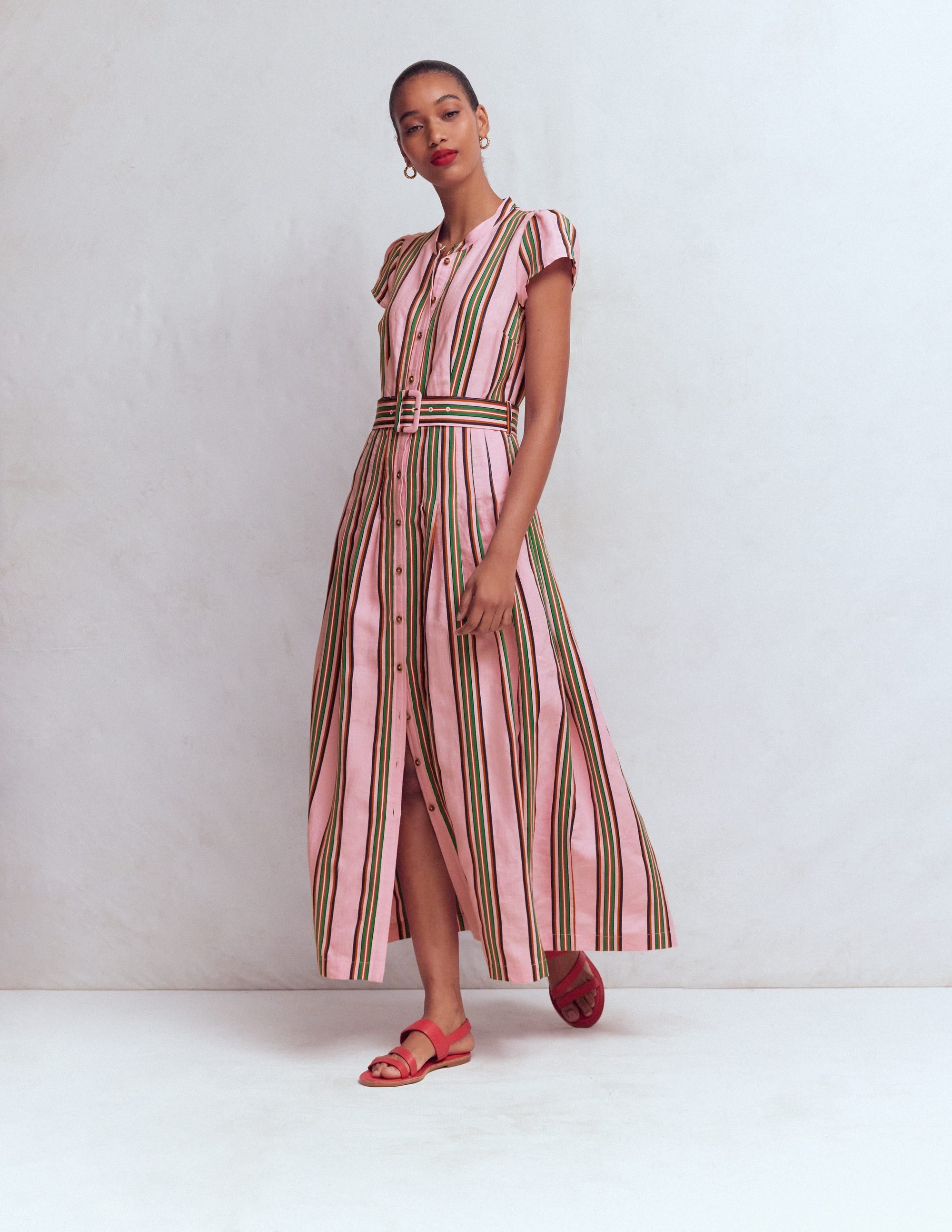 Arabella Linen Blend Dress-Pink, Rich Emerald Stripe