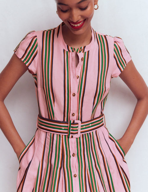 Arabella Linen Blend Dress-Pink, Rich Emerald Stripe
