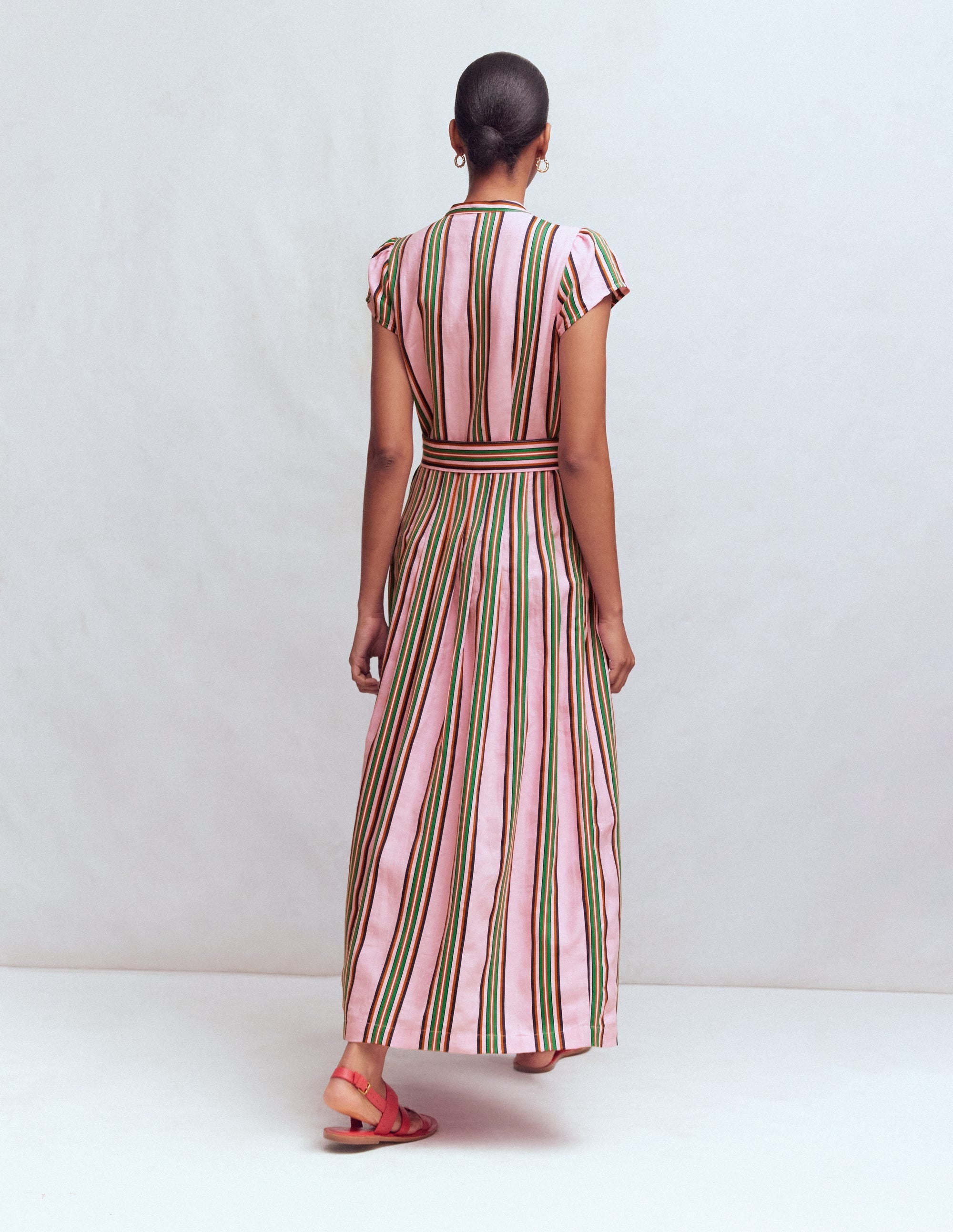Arabella Linen Blend Dress-Pink, Rich Emerald Stripe