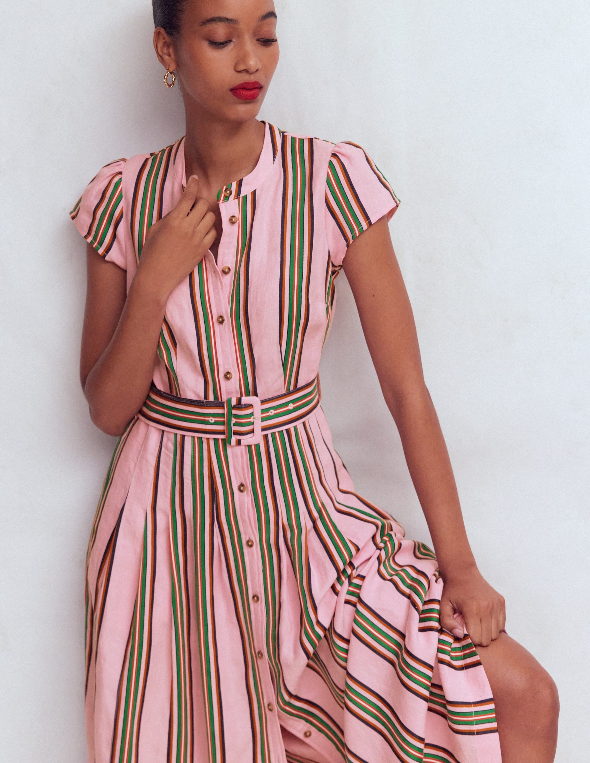 Arabella Linen Blend Dress-Pink, Rich Emerald Stripe