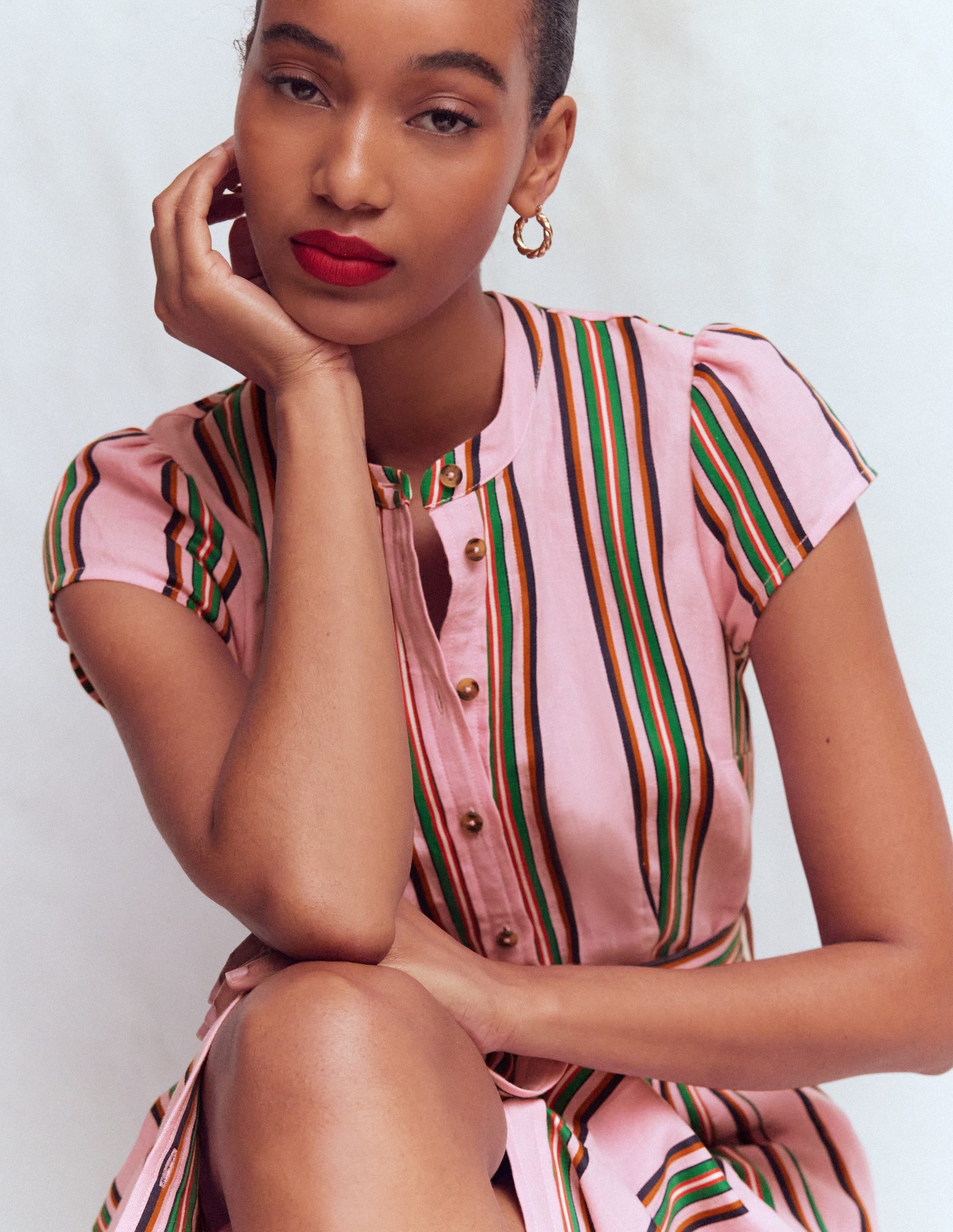 Arabella Linen Blend Dress-Pink, Rich Emerald Stripe