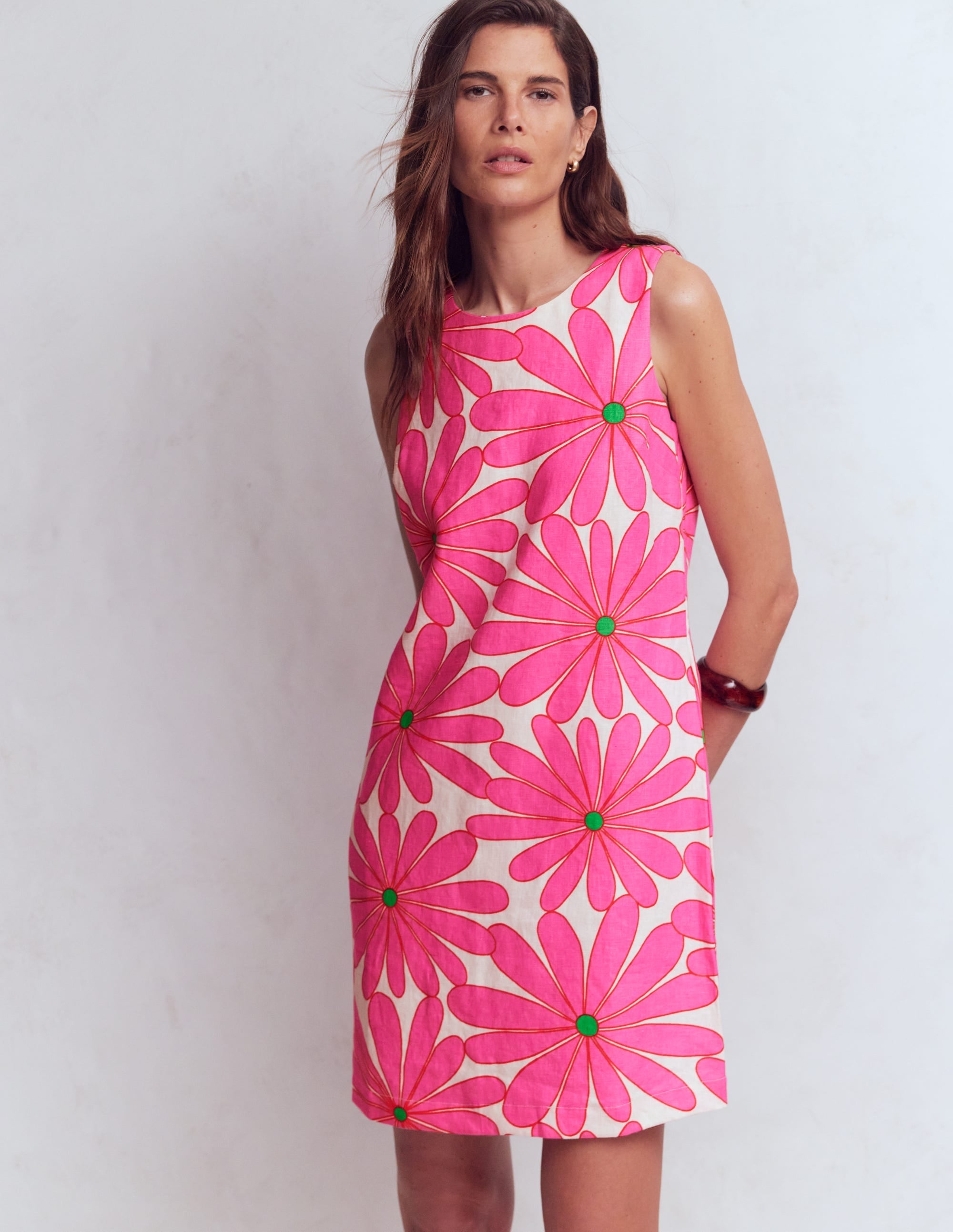 Linen Shift Dress-Pink, Daisy Blossom