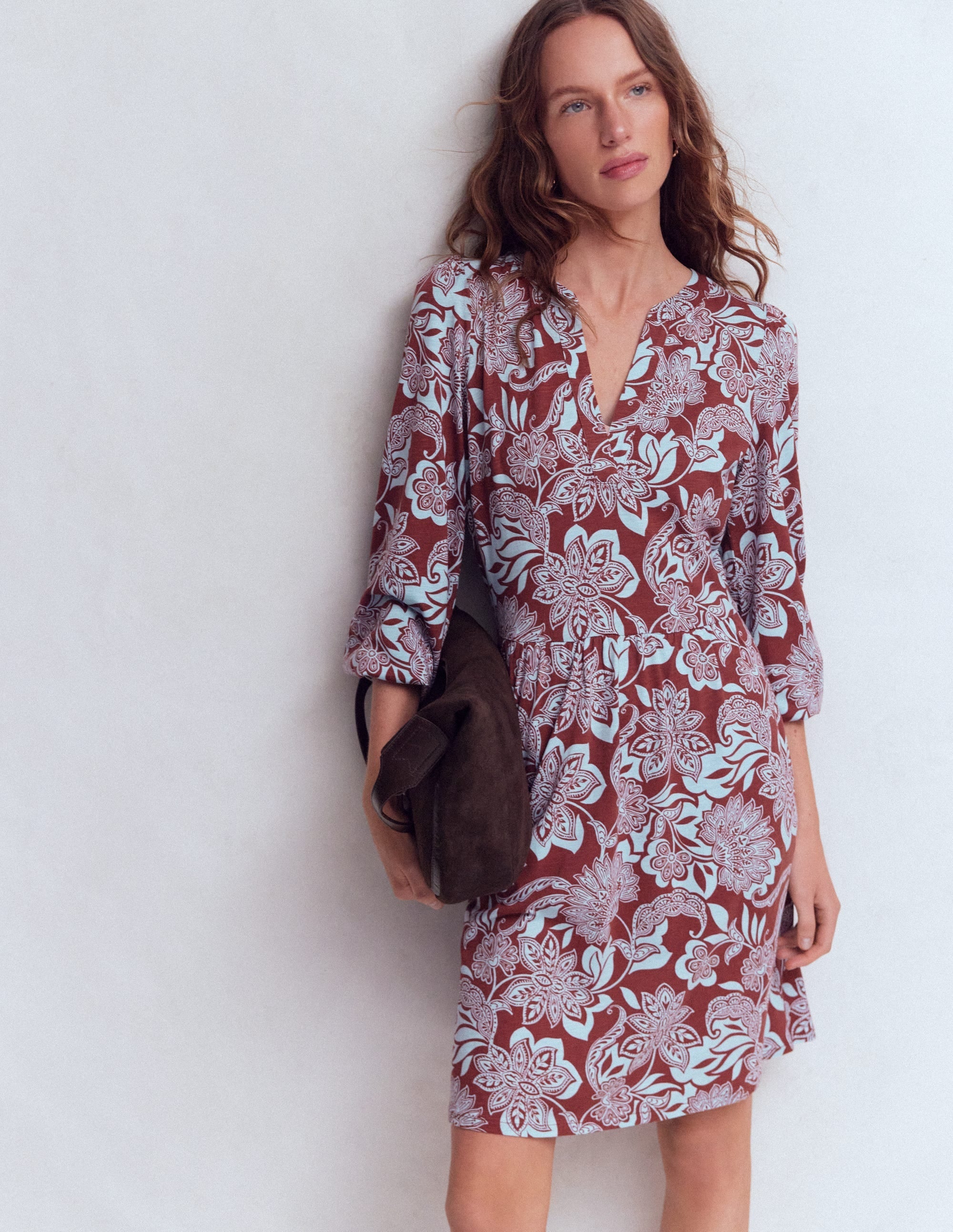 Cathy Notch Neck Jersey Dress-Roasted Brown, Elegant Blossom