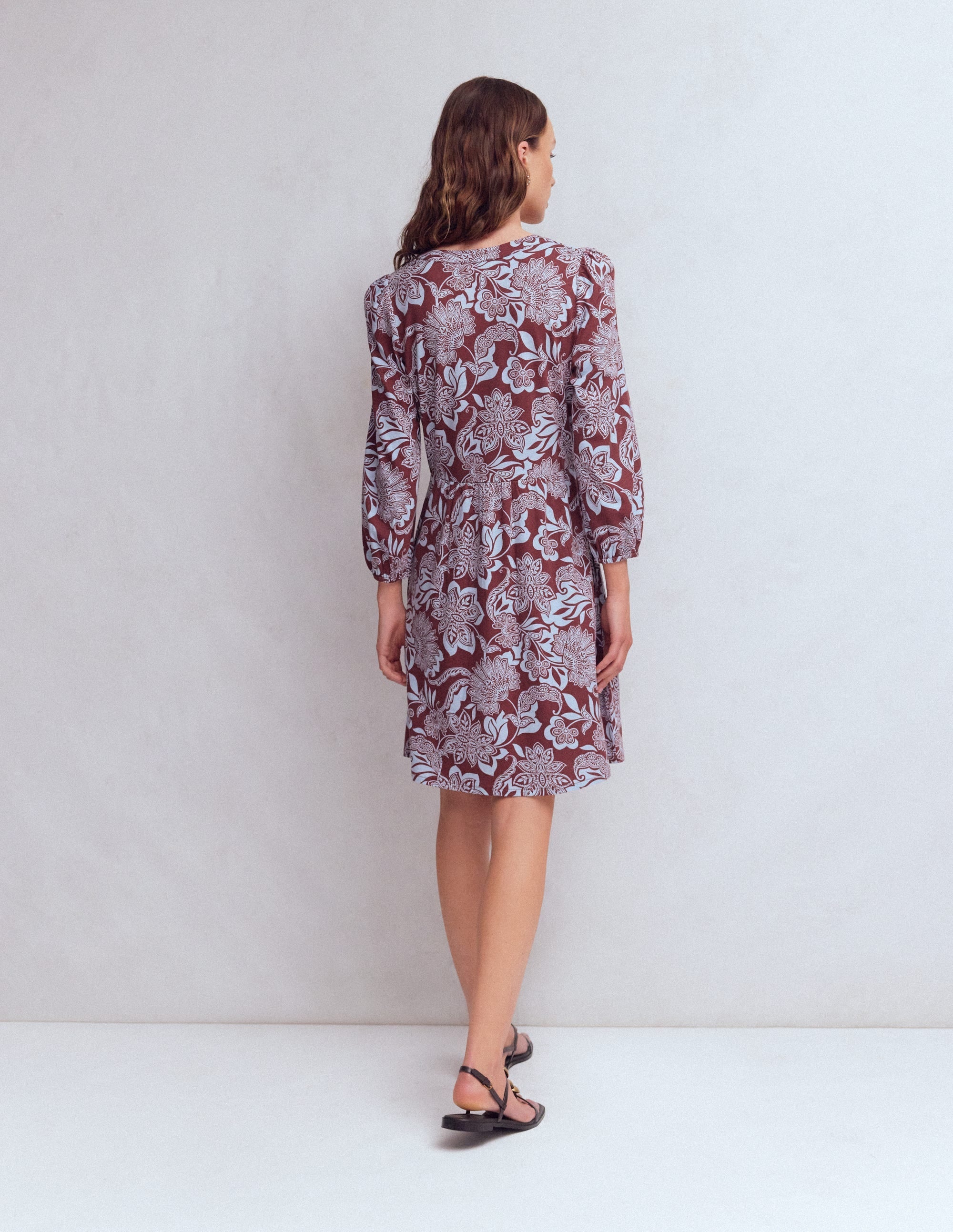 Cathy Notch Neck Jersey Dress-Roasted Brown, Elegant Blossom