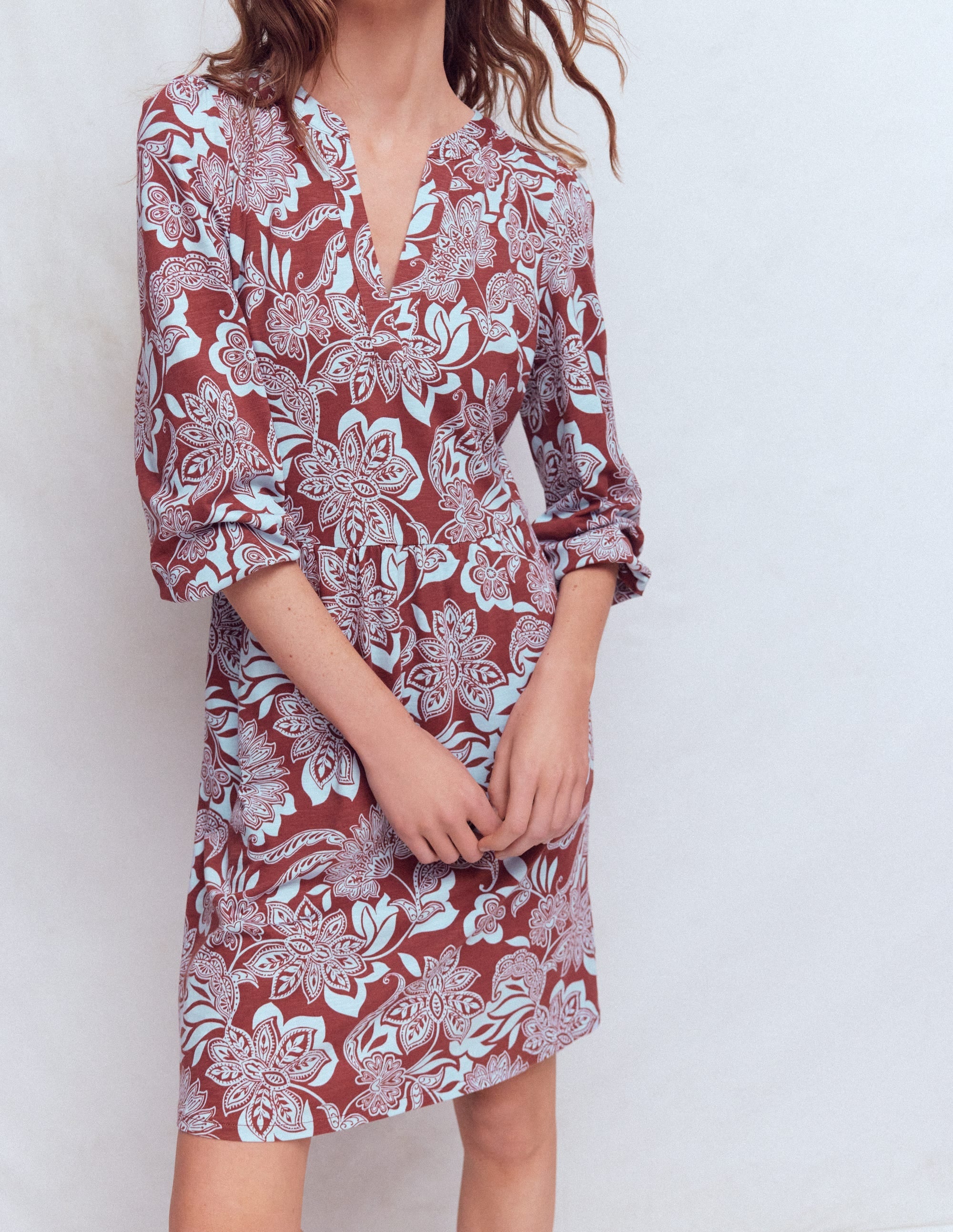 Cathy Notch Neck Jersey Dress-Roasted Brown, Elegant Blossom