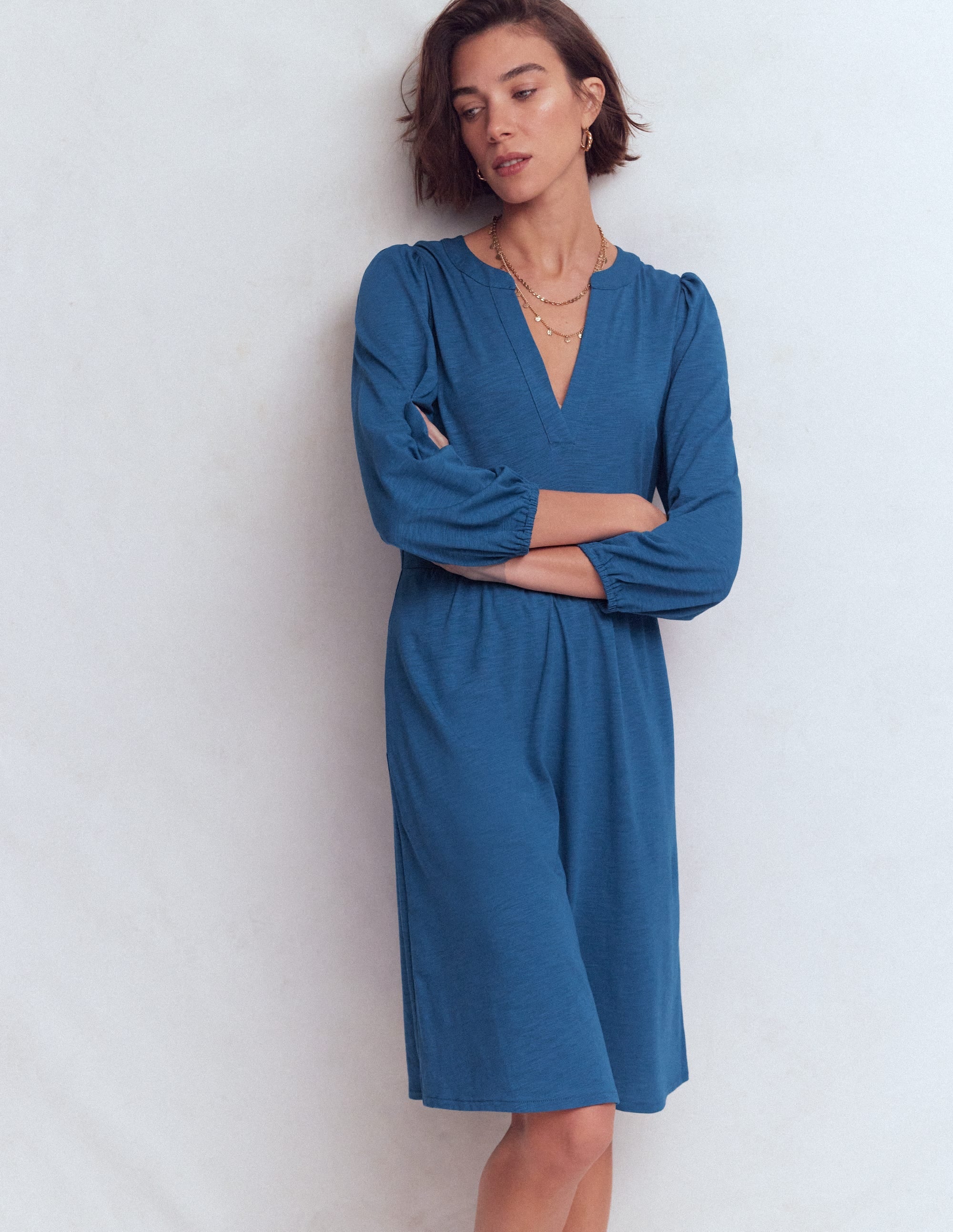 Cathy Notch Neck Jersey Dress-Tourmaline Blue
