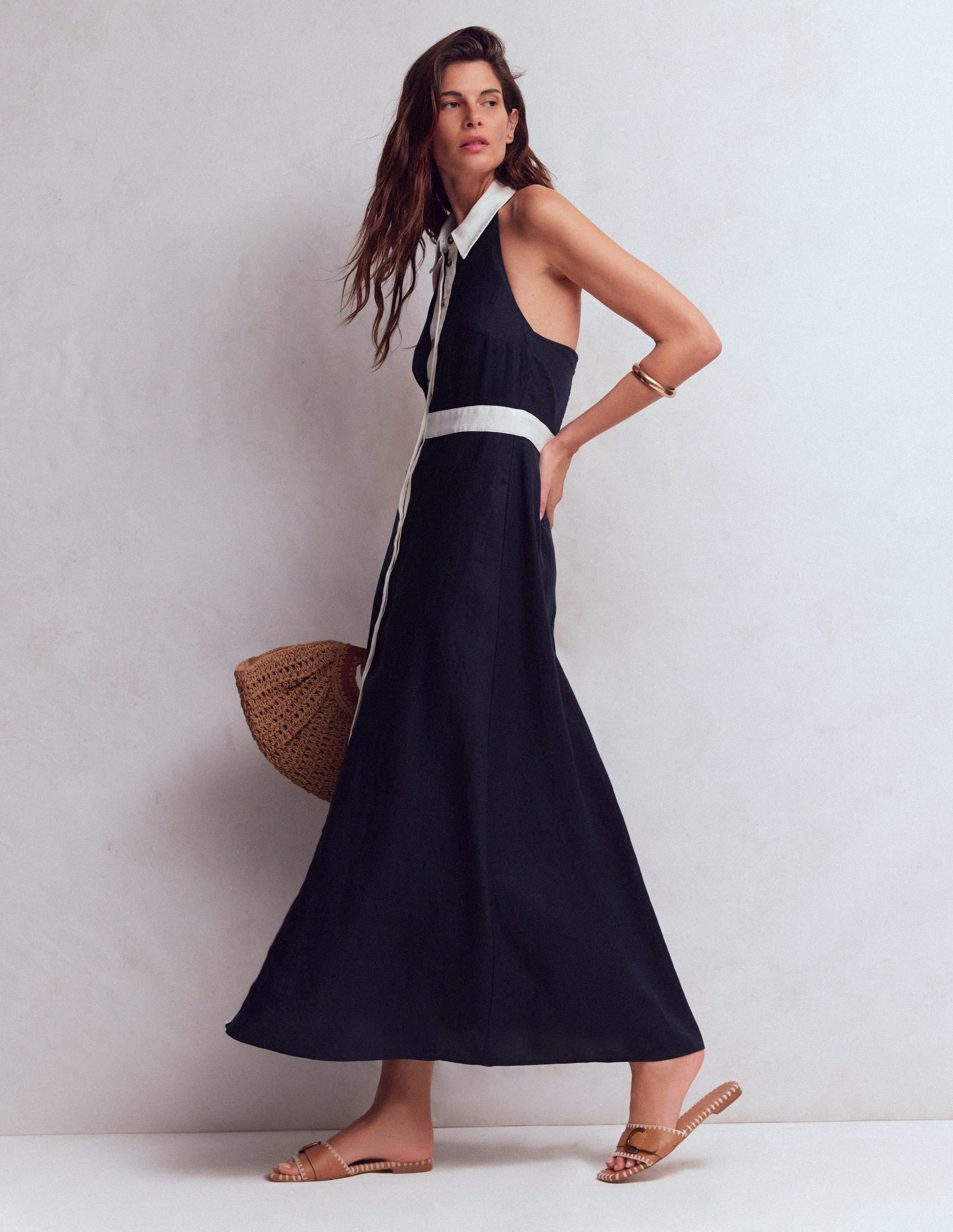 Collar Halter Neck Linen Dress-Navy Ivory