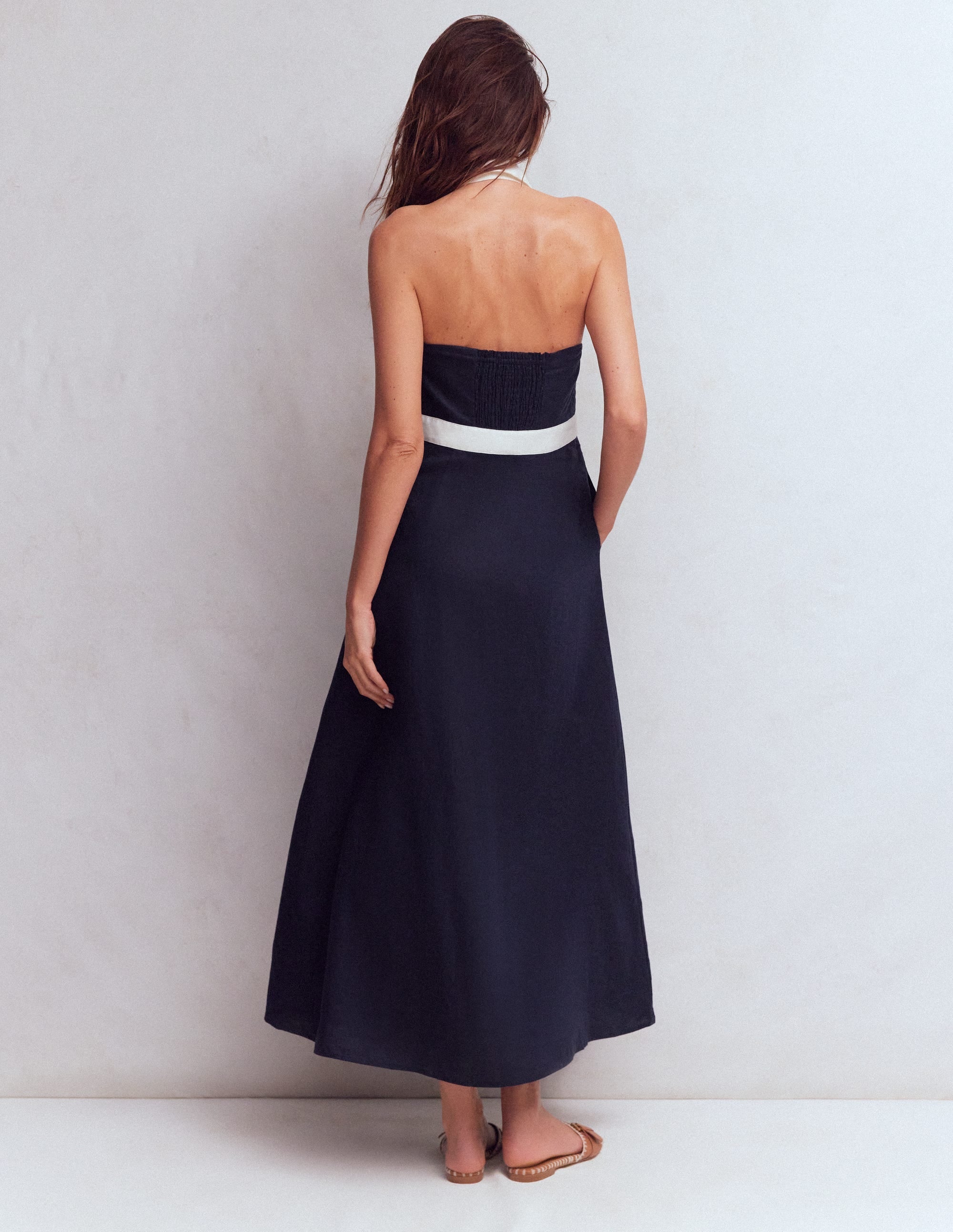 Collar Halter Neck Linen Dress-Navy Ivory