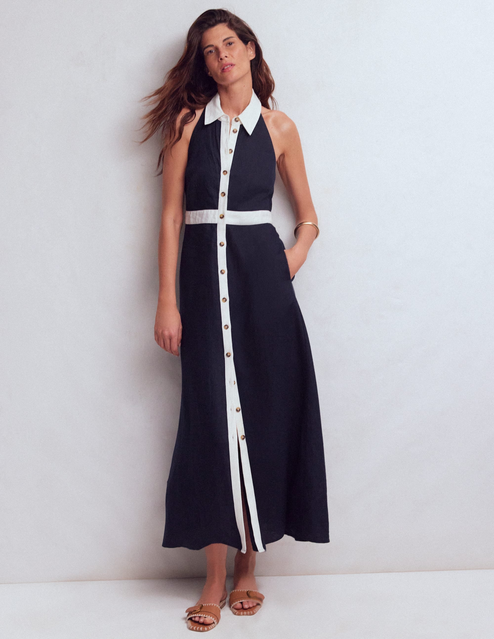 Collar Halter Neck Linen Dress-Navy Ivory