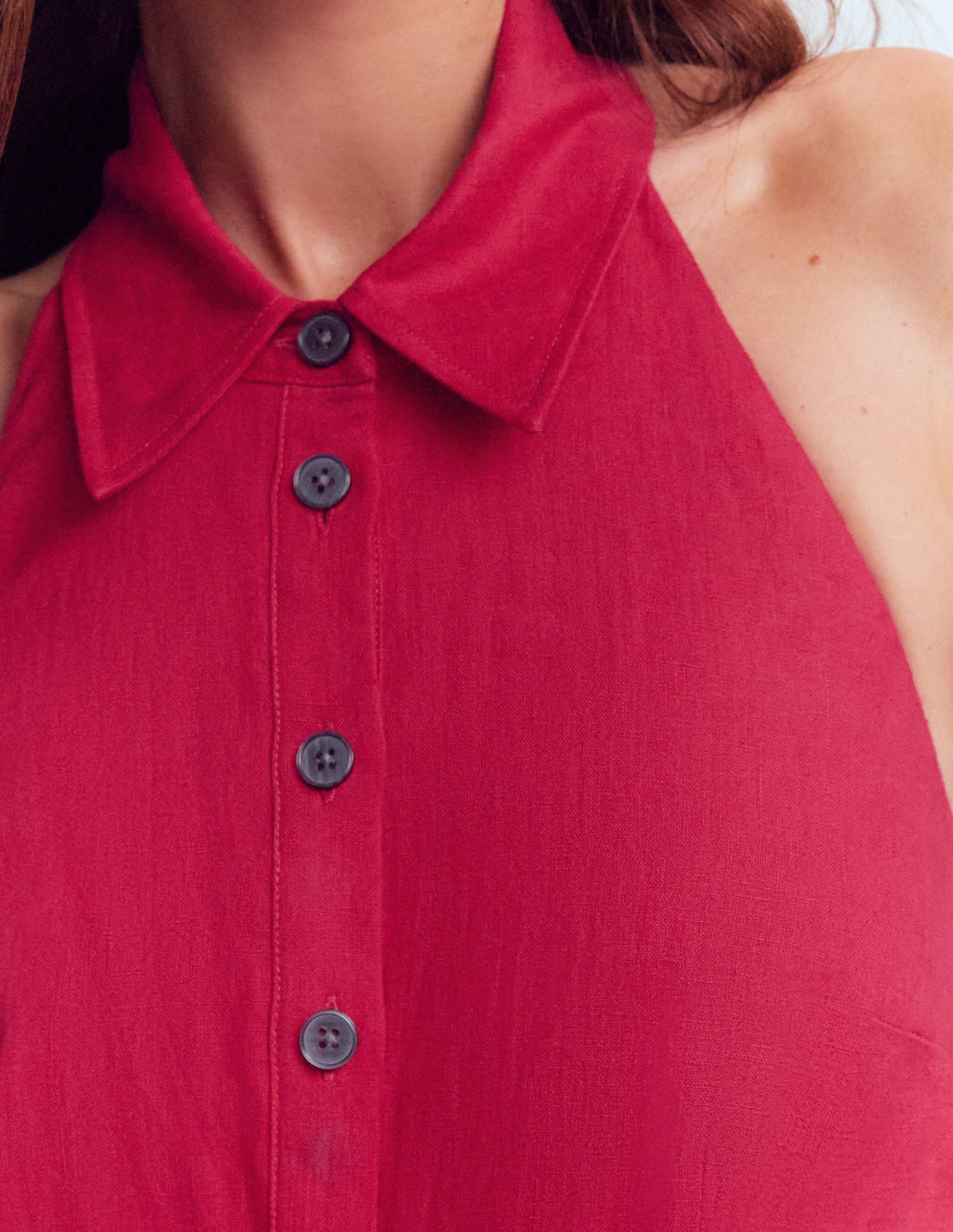 Collar Halter Neck Linen Dress-Pomegranate