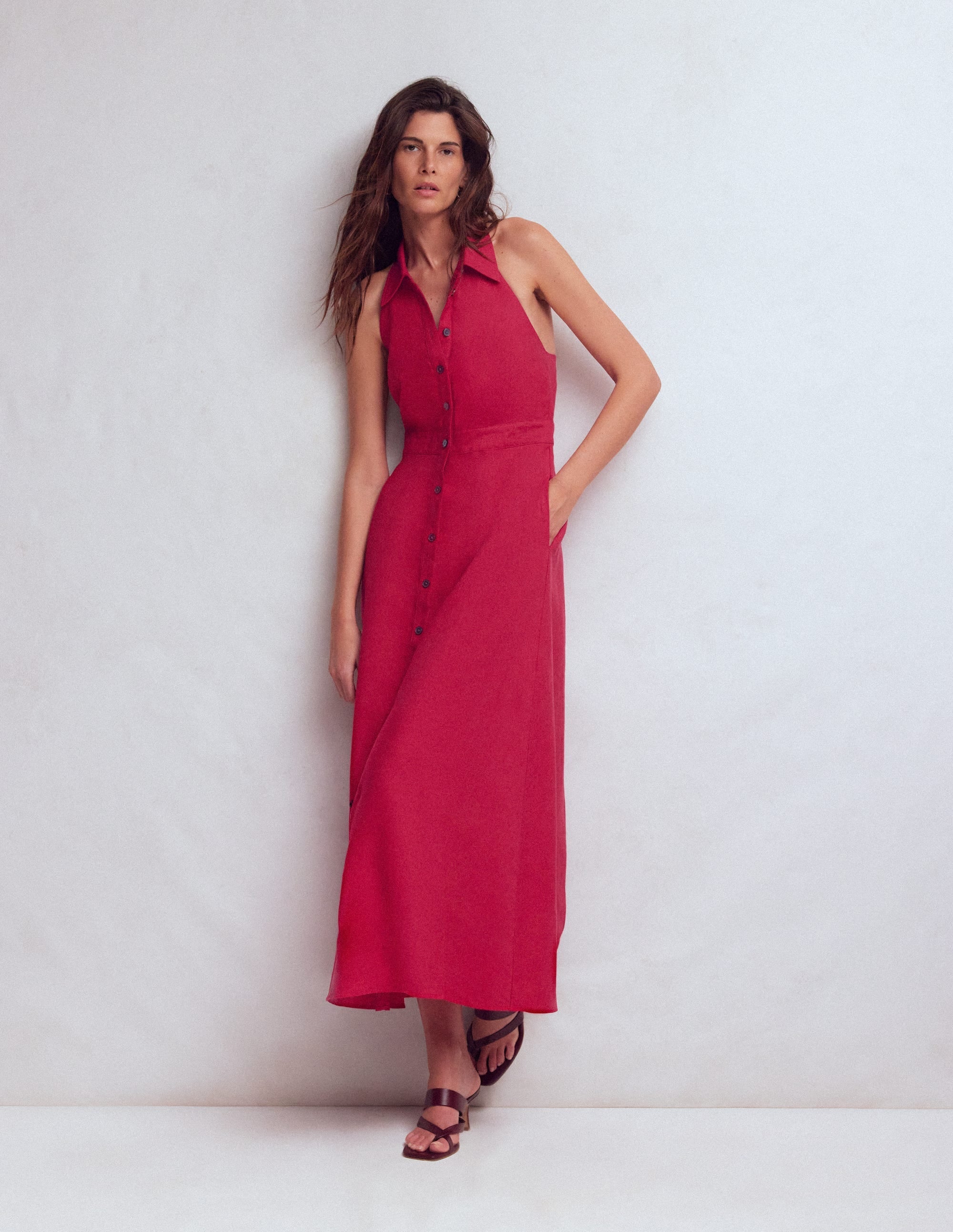 Collar Halter Neck Linen Dress-Pomegranate