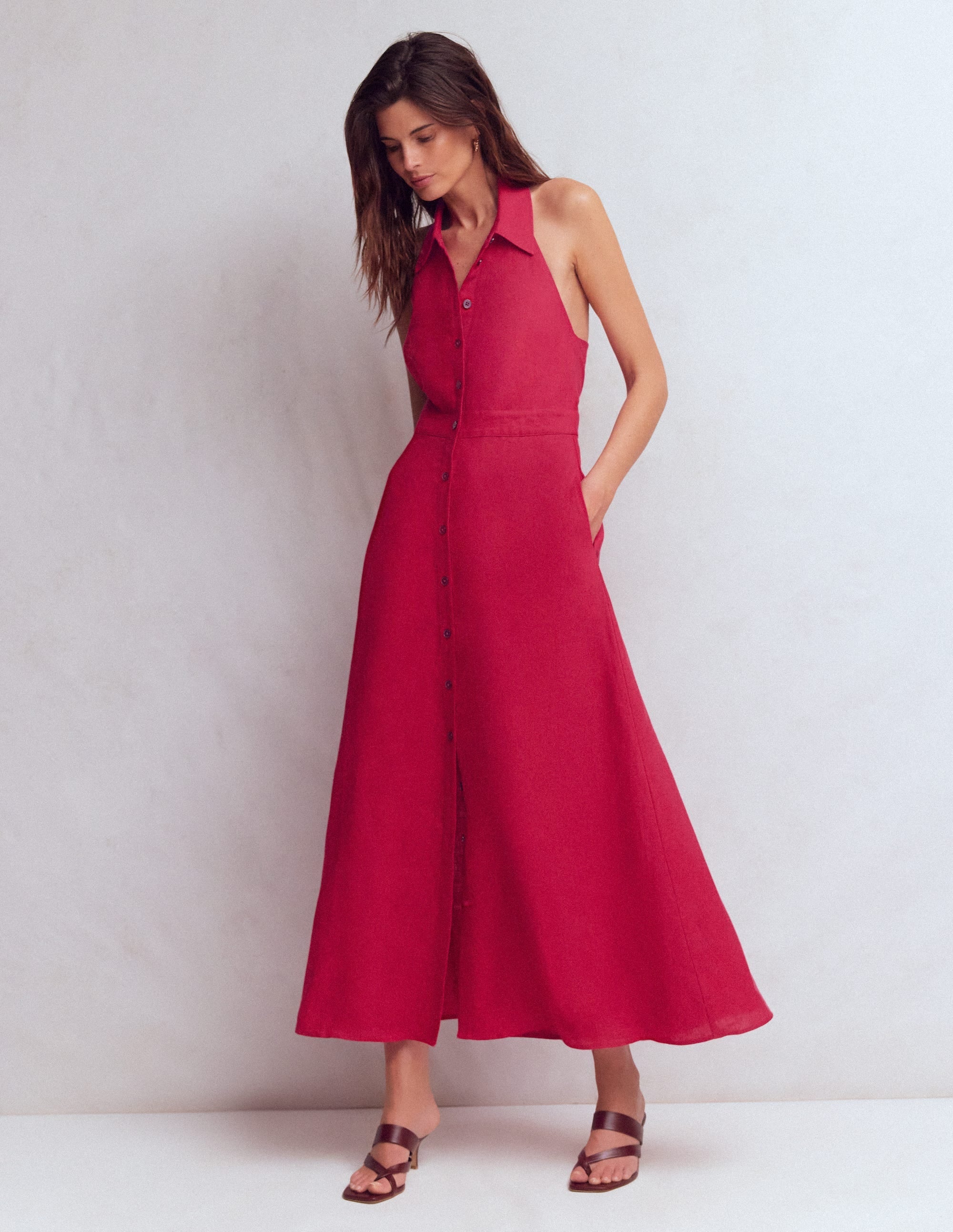 Collar Halter Neck Linen Dress-Pomegranate