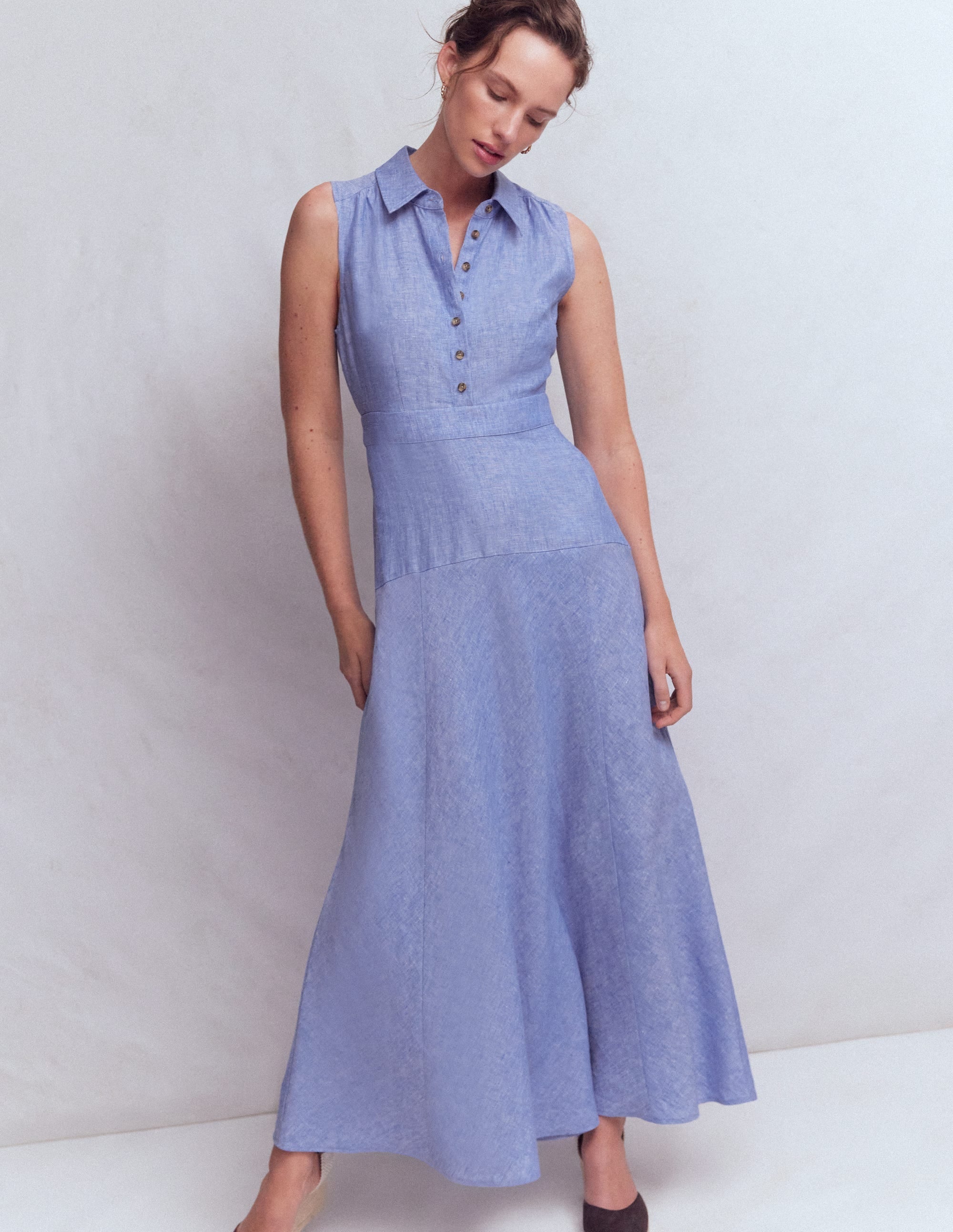 Erma Drop Waist Linen Dress-Chambray