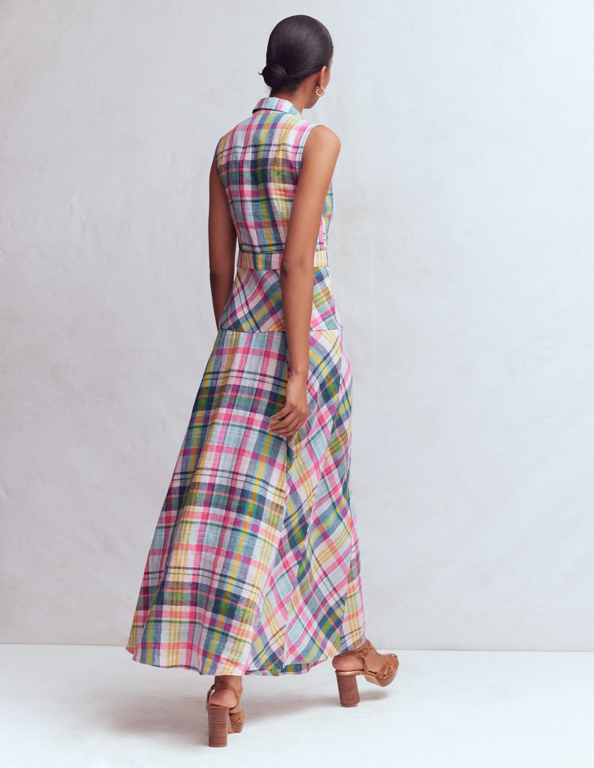 Erma Drop Waist Linen Dress-Blue, Pink and Green Madras