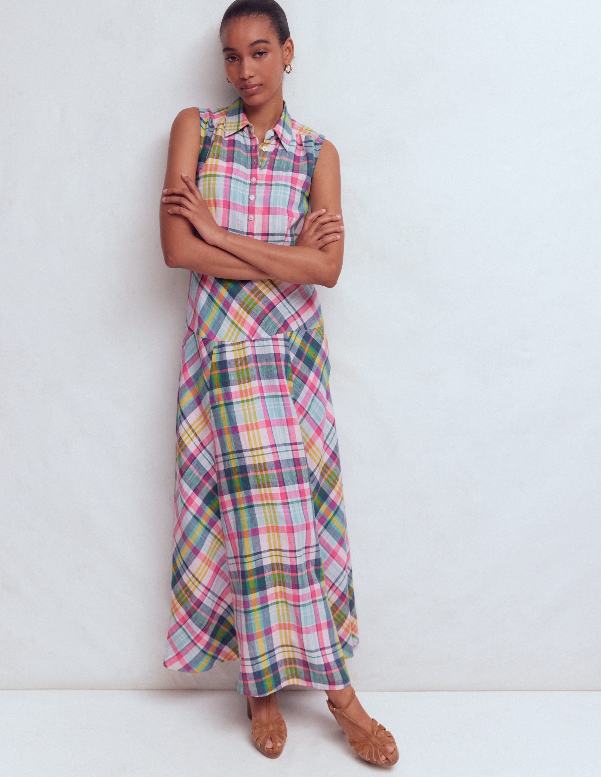 Erma Drop Waist Linen Dress-Blue, Pink and Green Madras