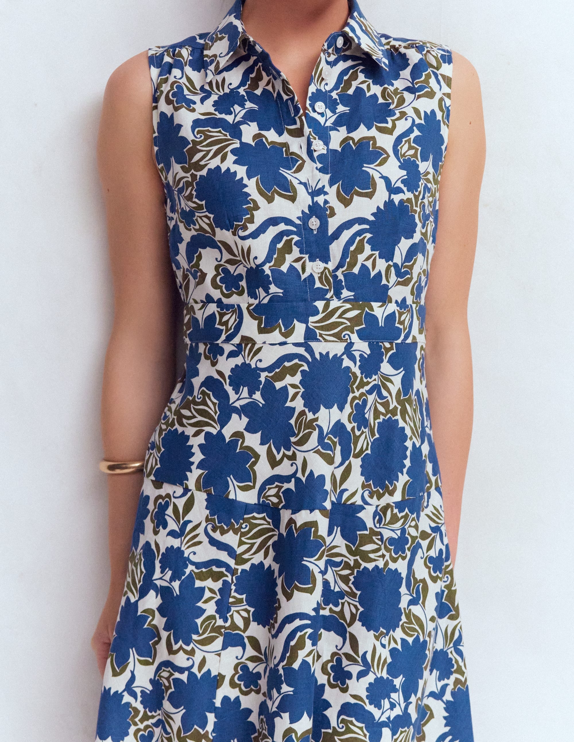 Erma Drop Waist Linen Dress-Blue Shadow Blossom