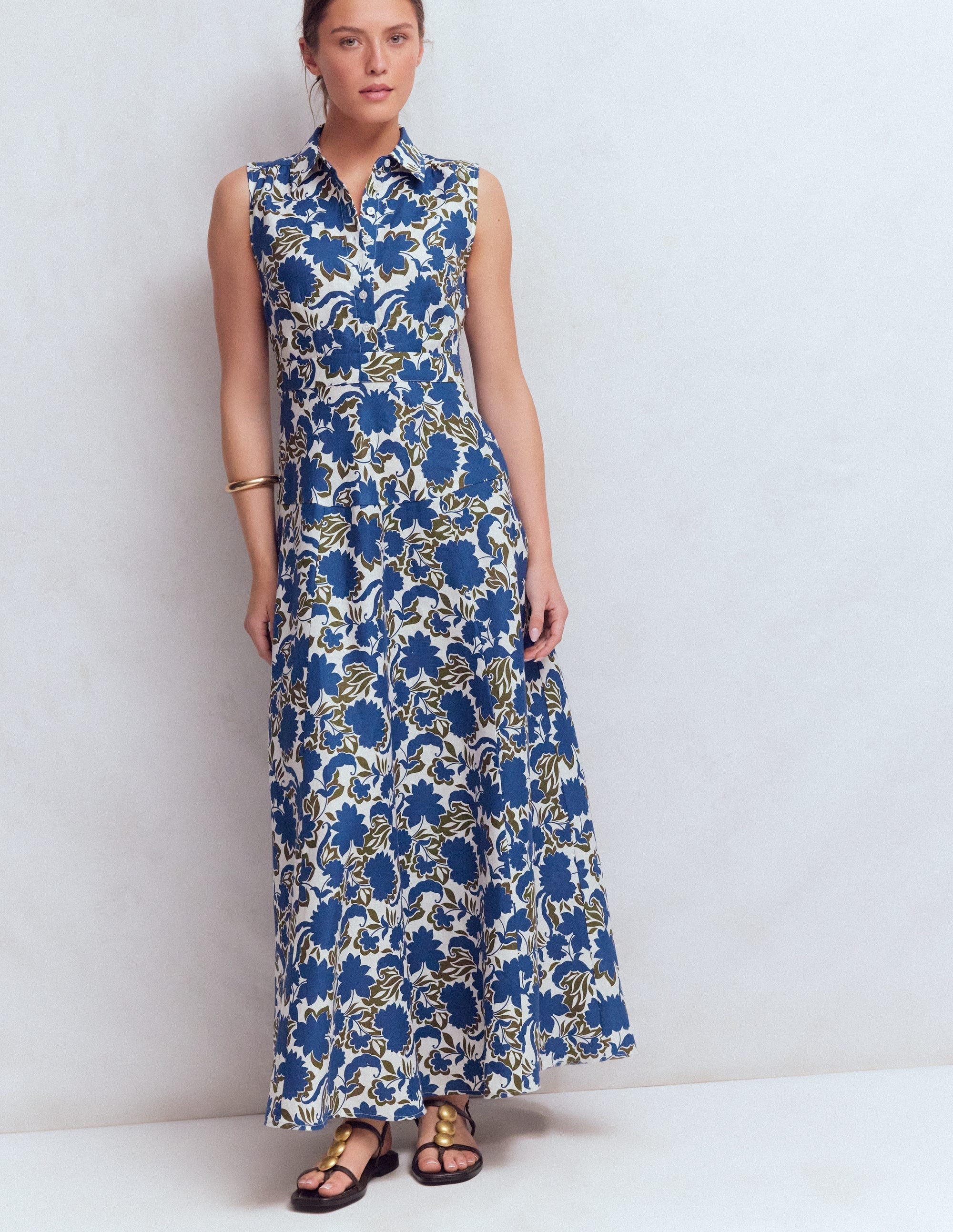 Erma Drop Waist Linen Dress-Blue Shadow Blossom
