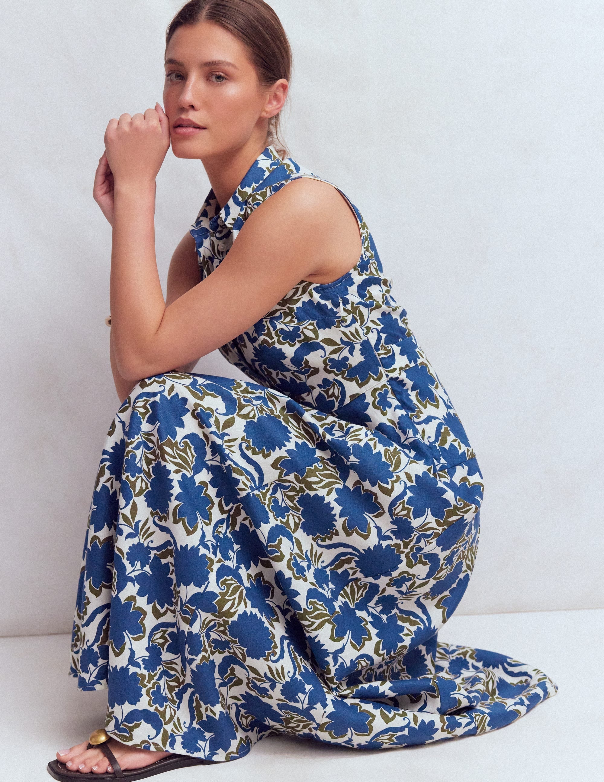 Erma Drop Waist Linen Dress-Blue Shadow Blossom