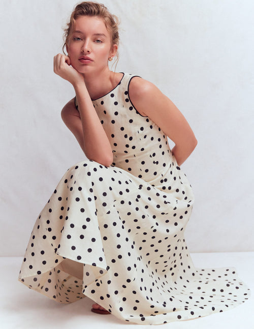 Annet Linen Blend Midi Dress-Ivory Painted Dot Spaced