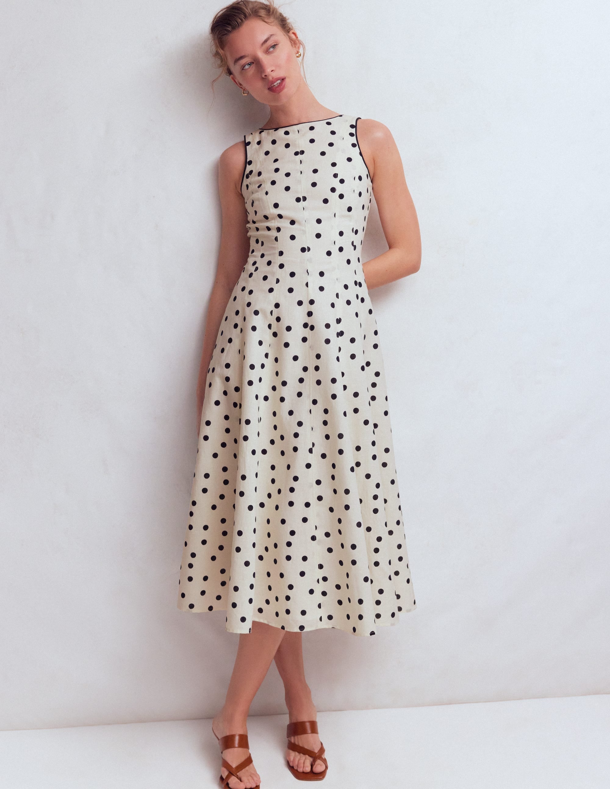 Annet Linen Blend Midi Dress-Ivory Painted Dot Spaced