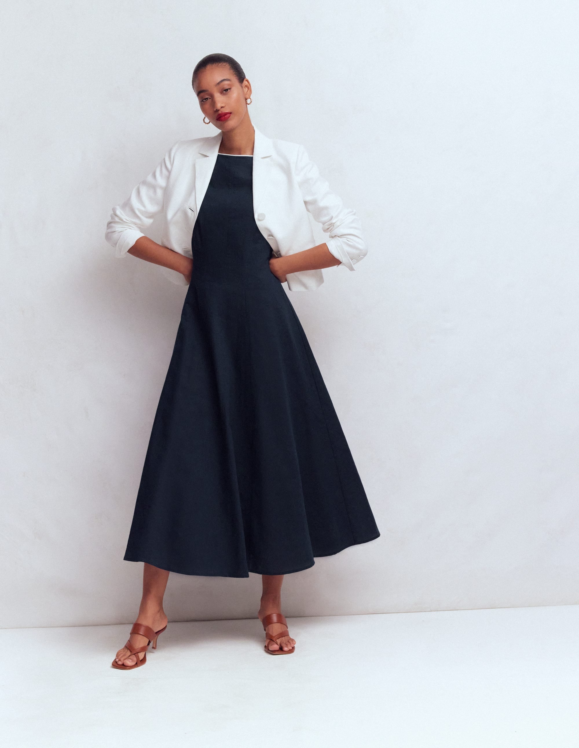 Annet Linen Blend Midi Dress-Navy