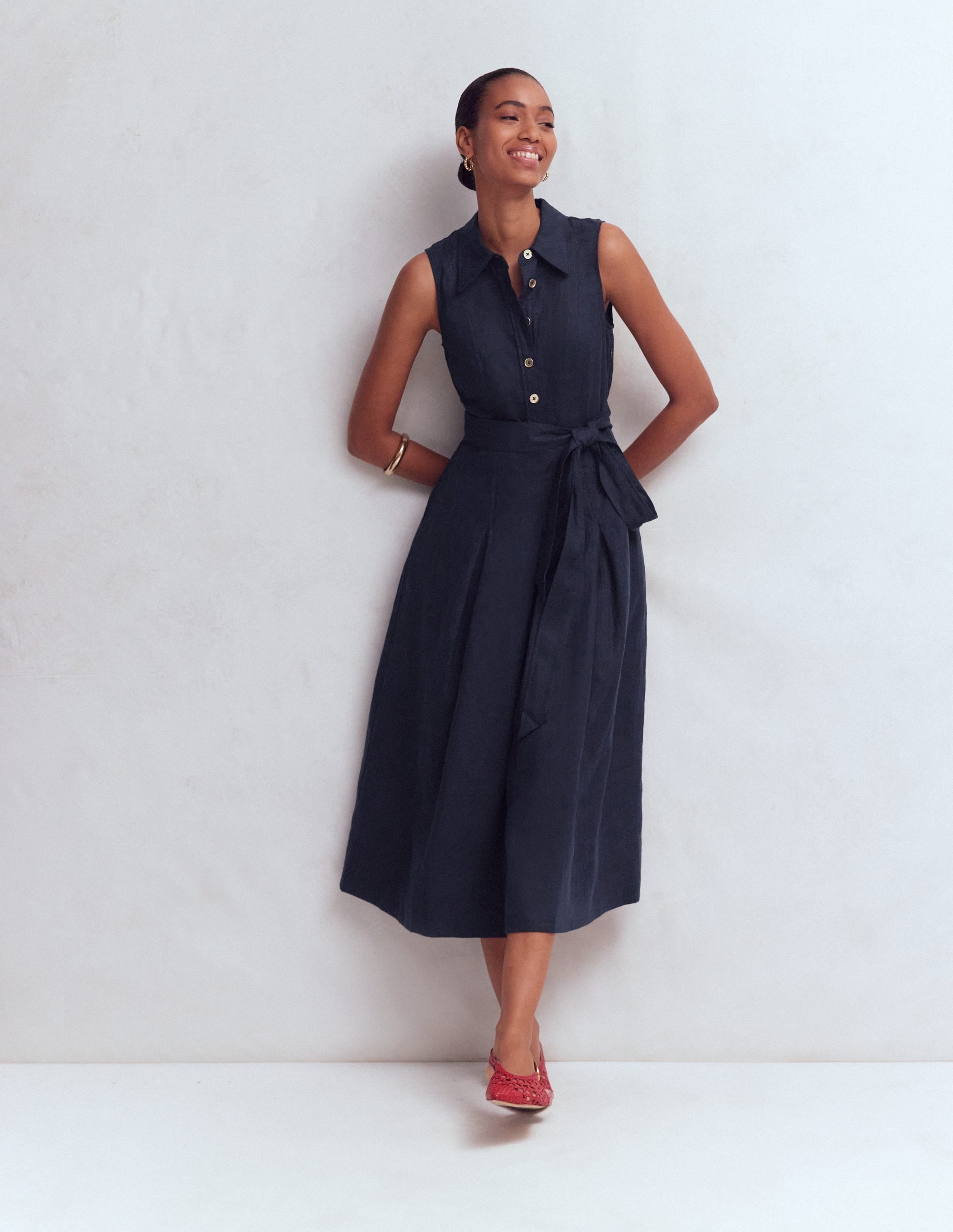 Belinda Linen Shirt Dress-Navy