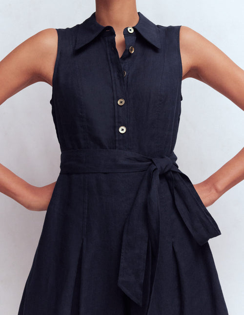 Belinda Linen Shirt Dress-Navy