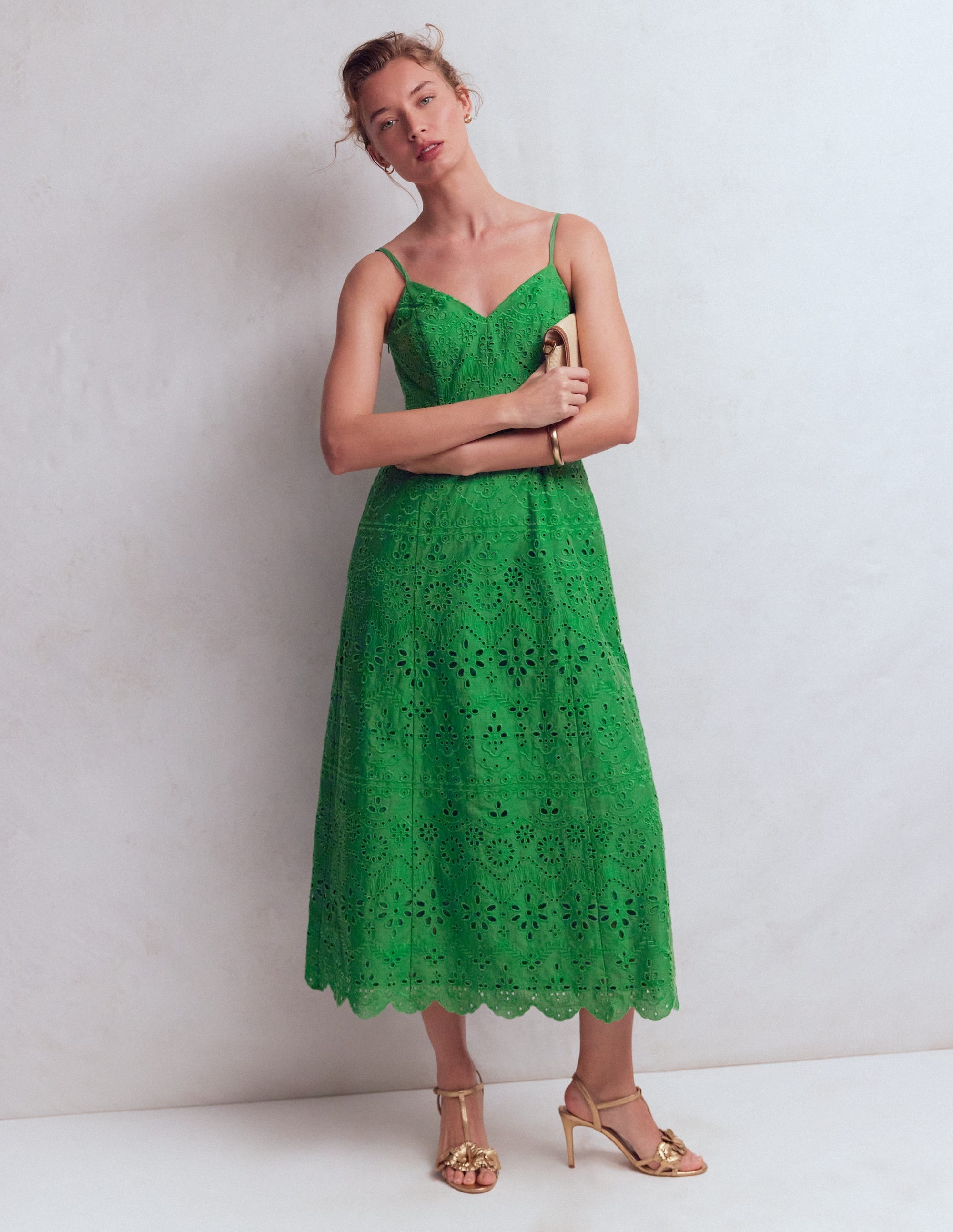 Empire Linen Broderie Dress-Rich Emerald Broderie