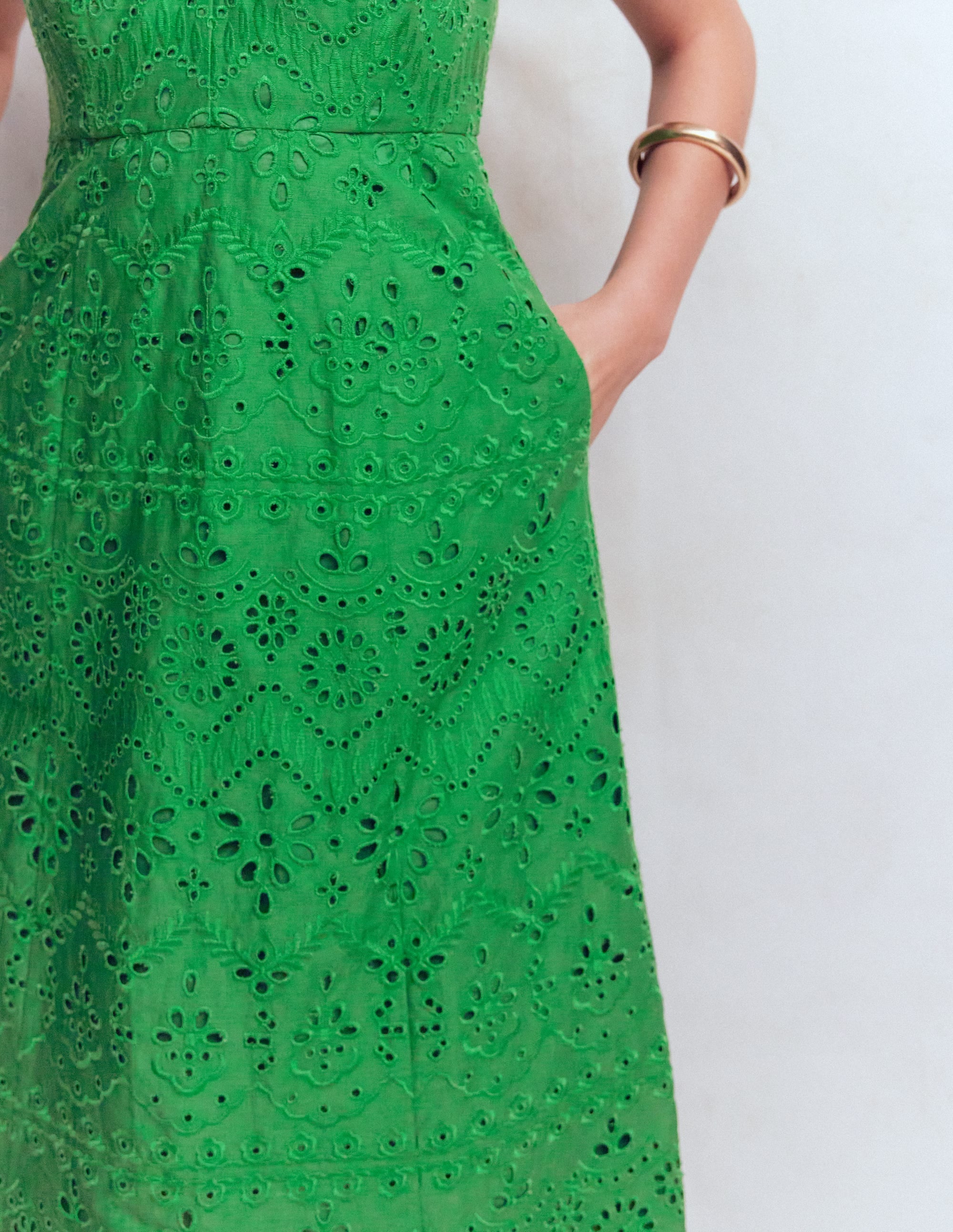 Empire Linen Broderie Dress-Rich Emerald Broderie