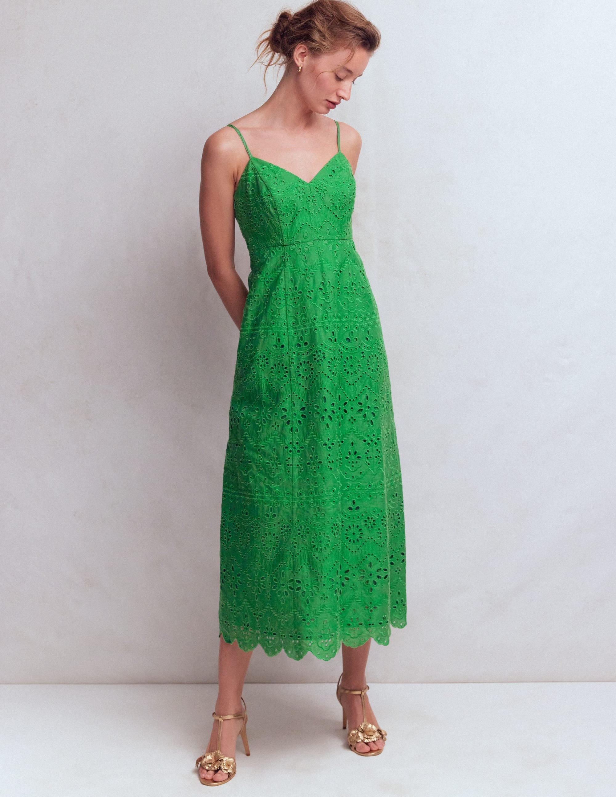 Empire Linen Broderie Dress-Rich Emerald Broderie