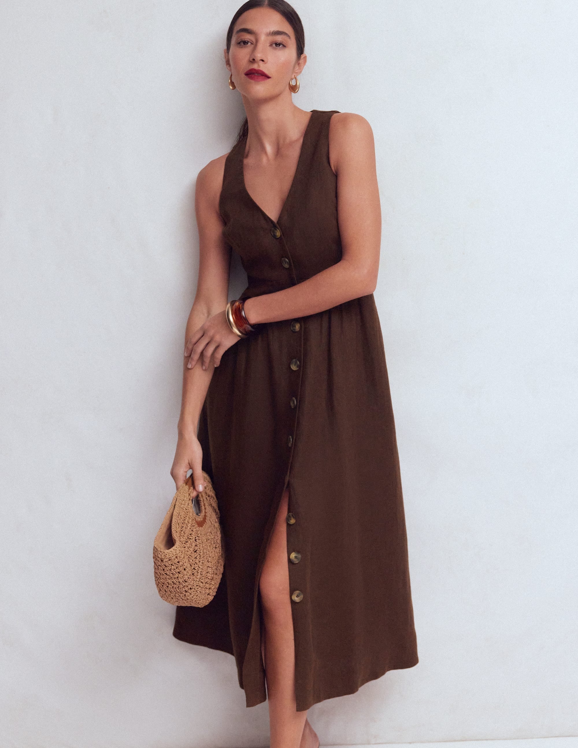 Catherine Button Linen Dress-Bitter Chocolate