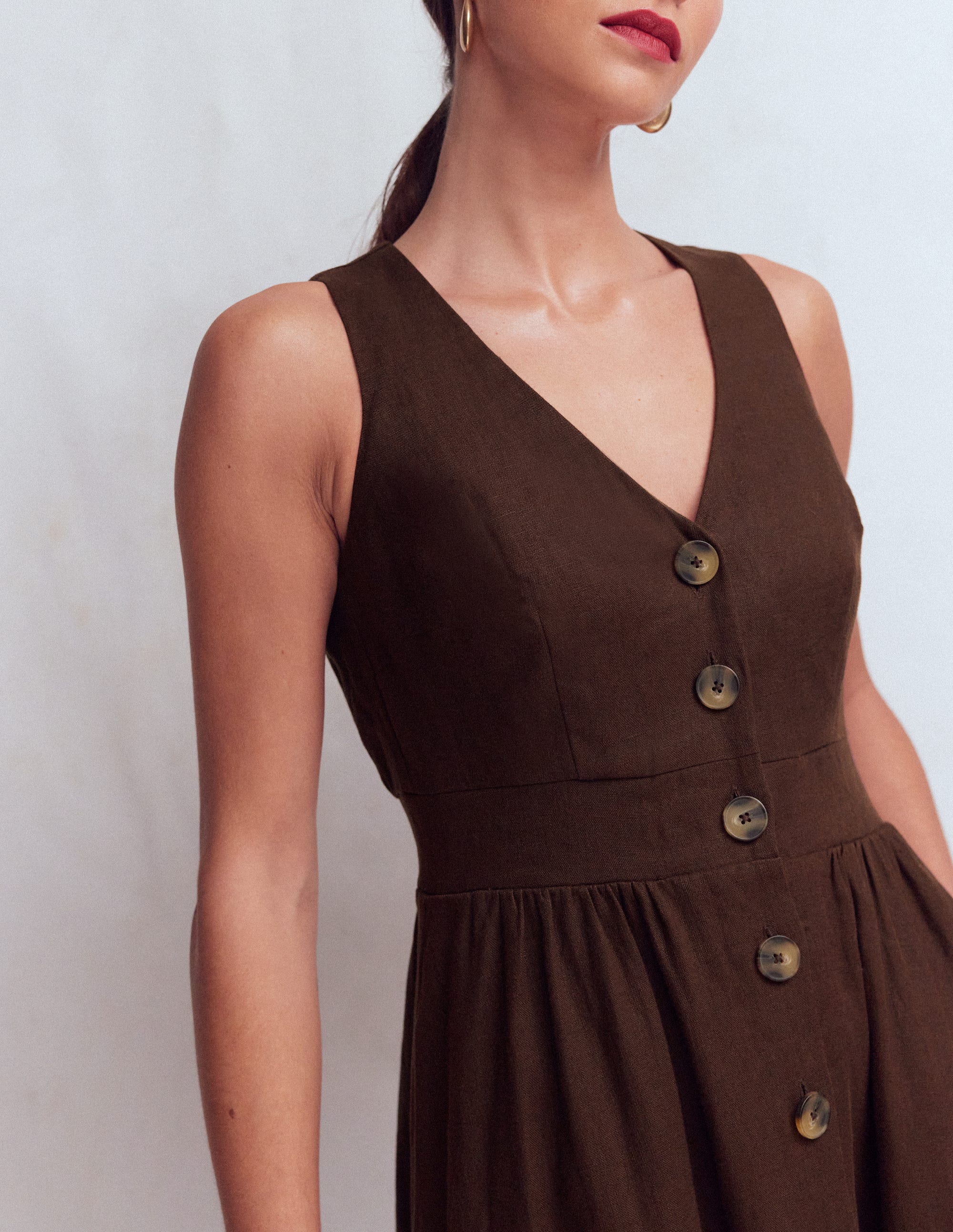 Catherine Button Linen Dress-Bitter Chocolate