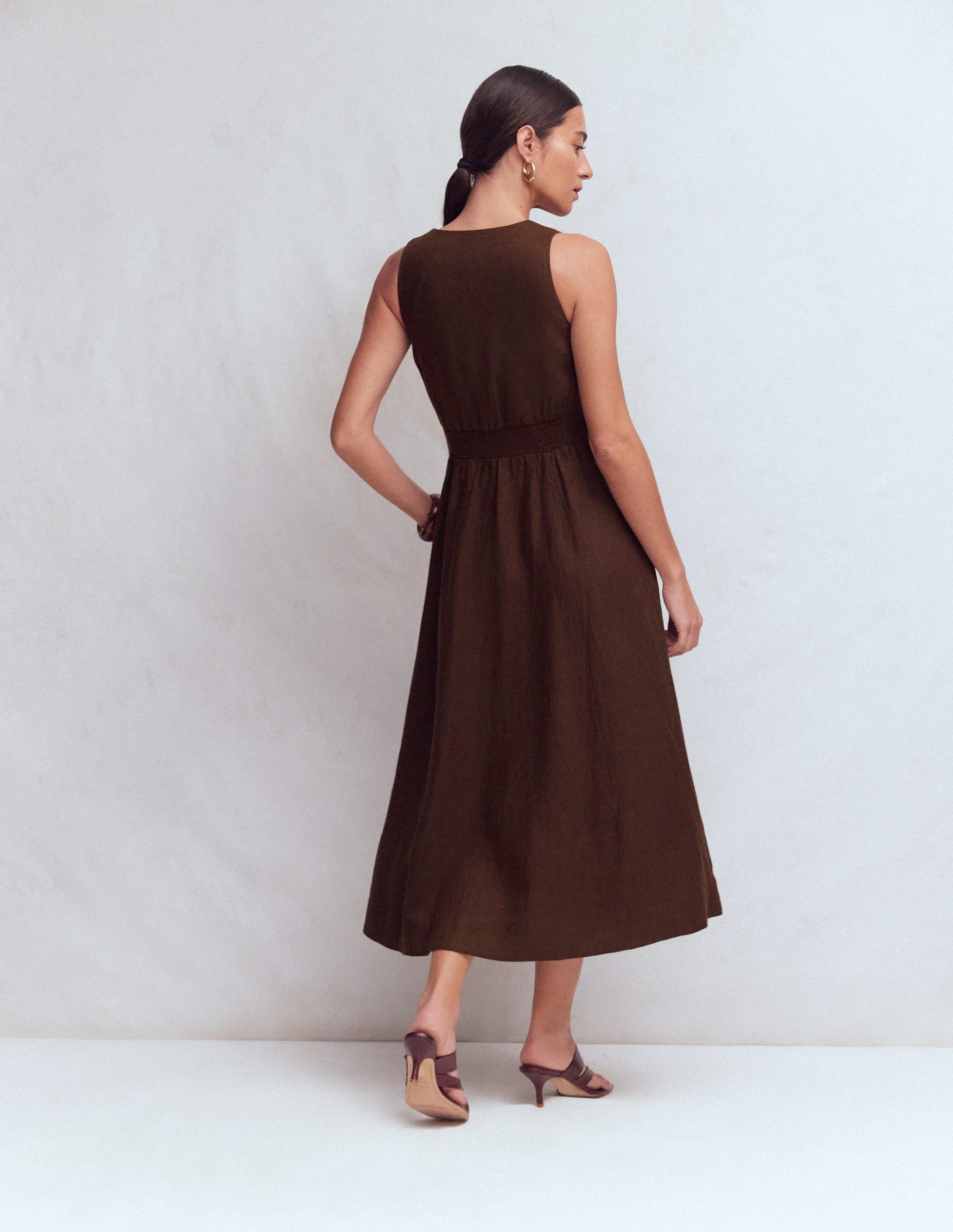 Catherine Button Linen Dress-Bitter Chocolate