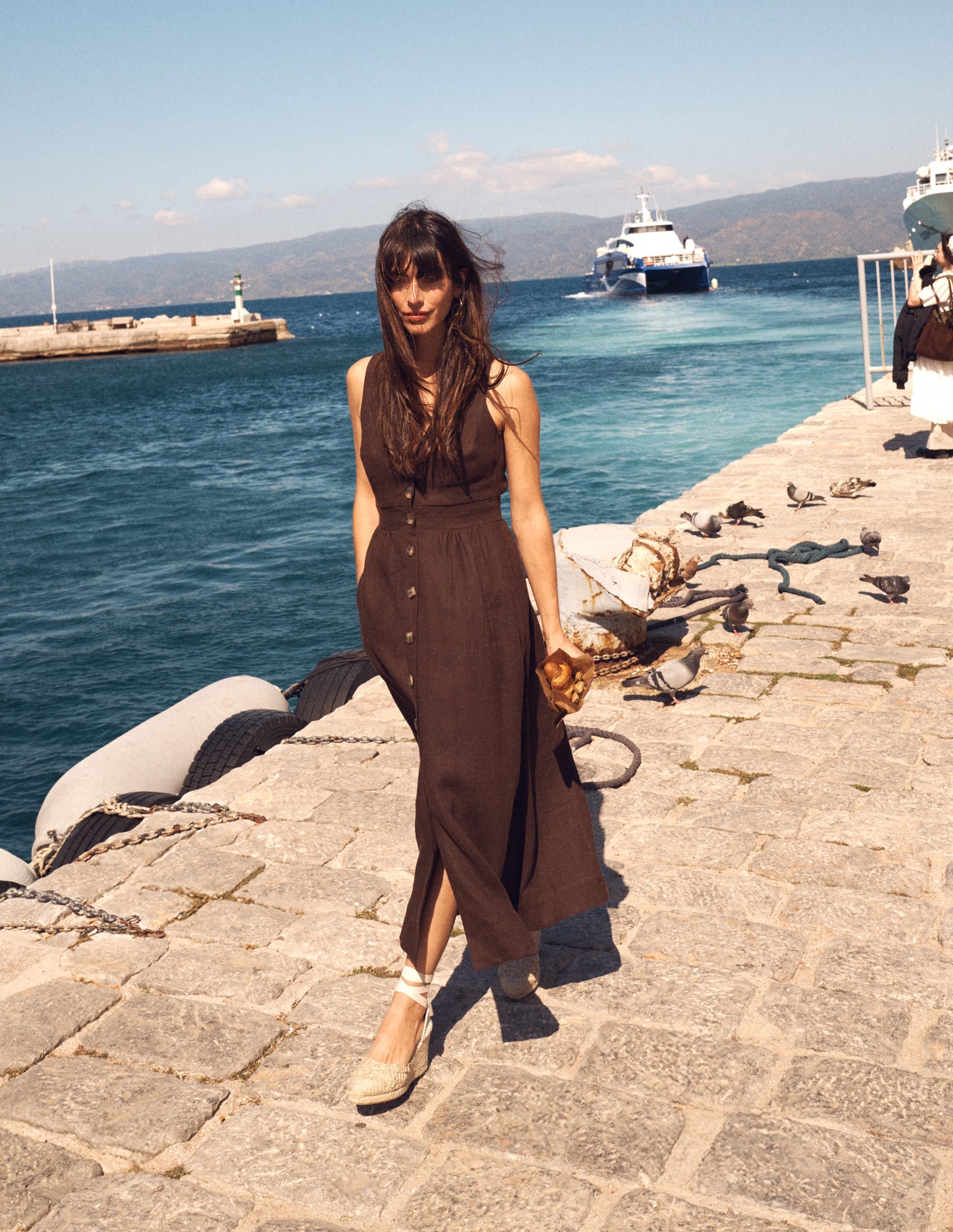 Catherine Button Linen Dress-Bitter Chocolate