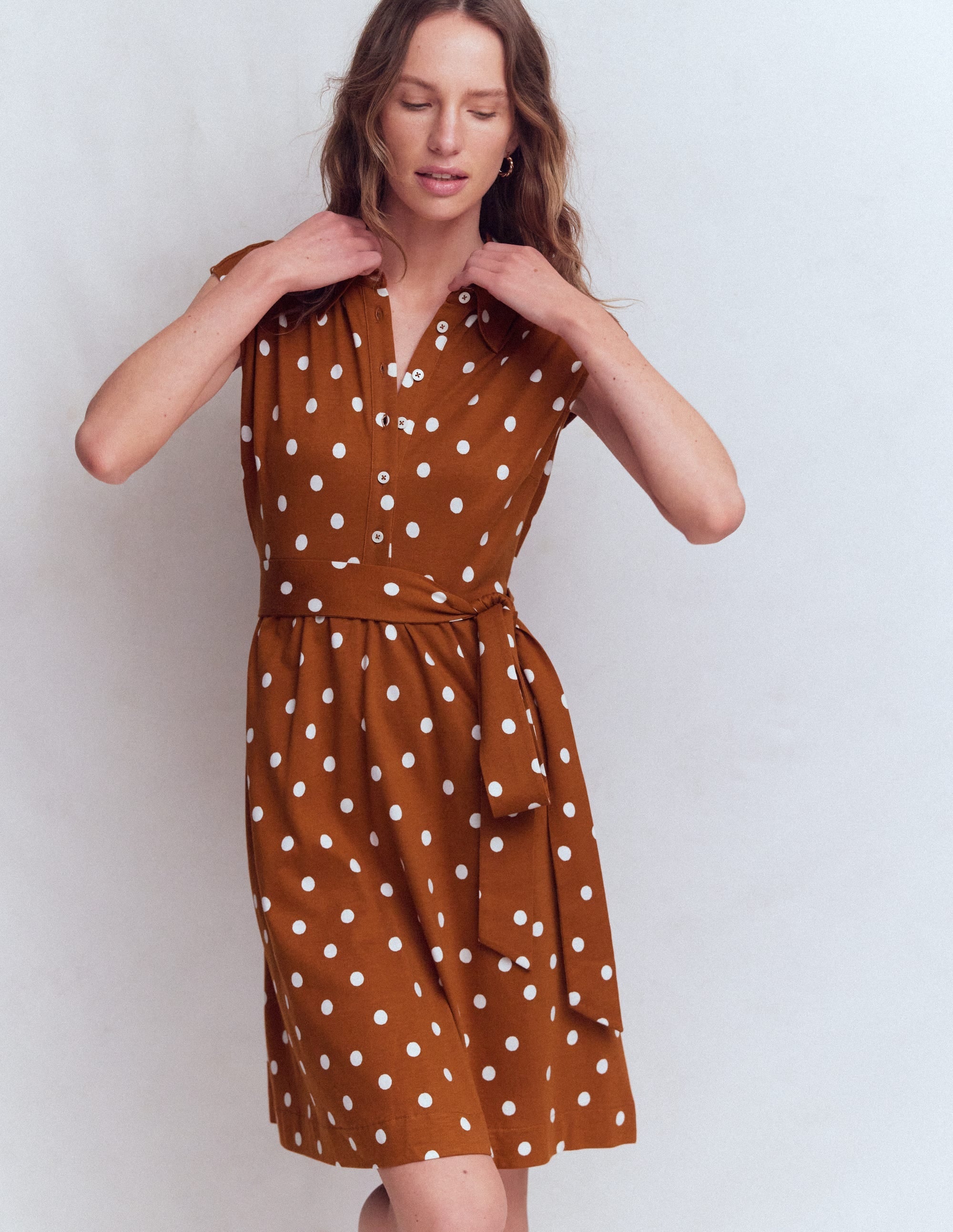 Honor Short Jersey Shirt Dress-Cognac, Painted Dot Spaced