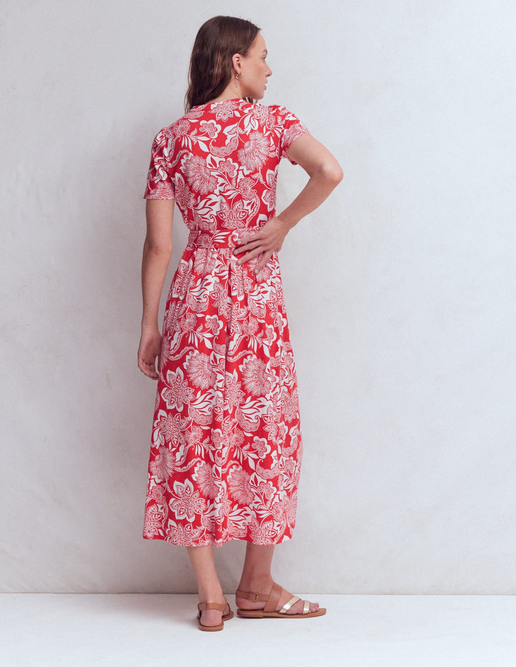Naomi Jersey Midi Dress-Blood Orange, Elegant Blossom