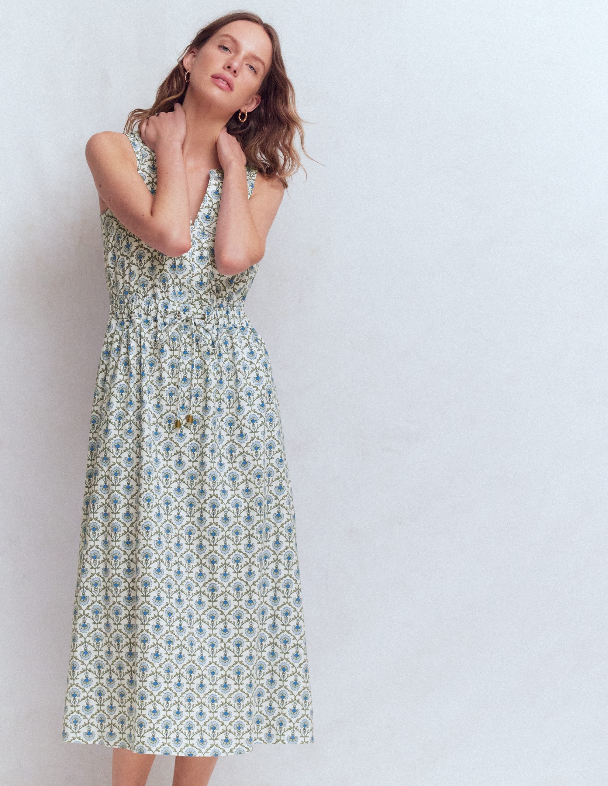 Delphine Midi Sleeveless Dress-Ivory, Flower Lattice