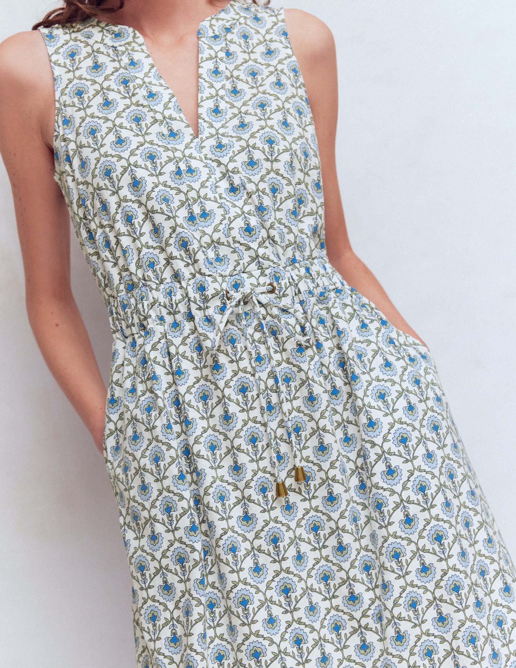 Delphine Midi Sleeveless Dress-Ivory, Flower Lattice