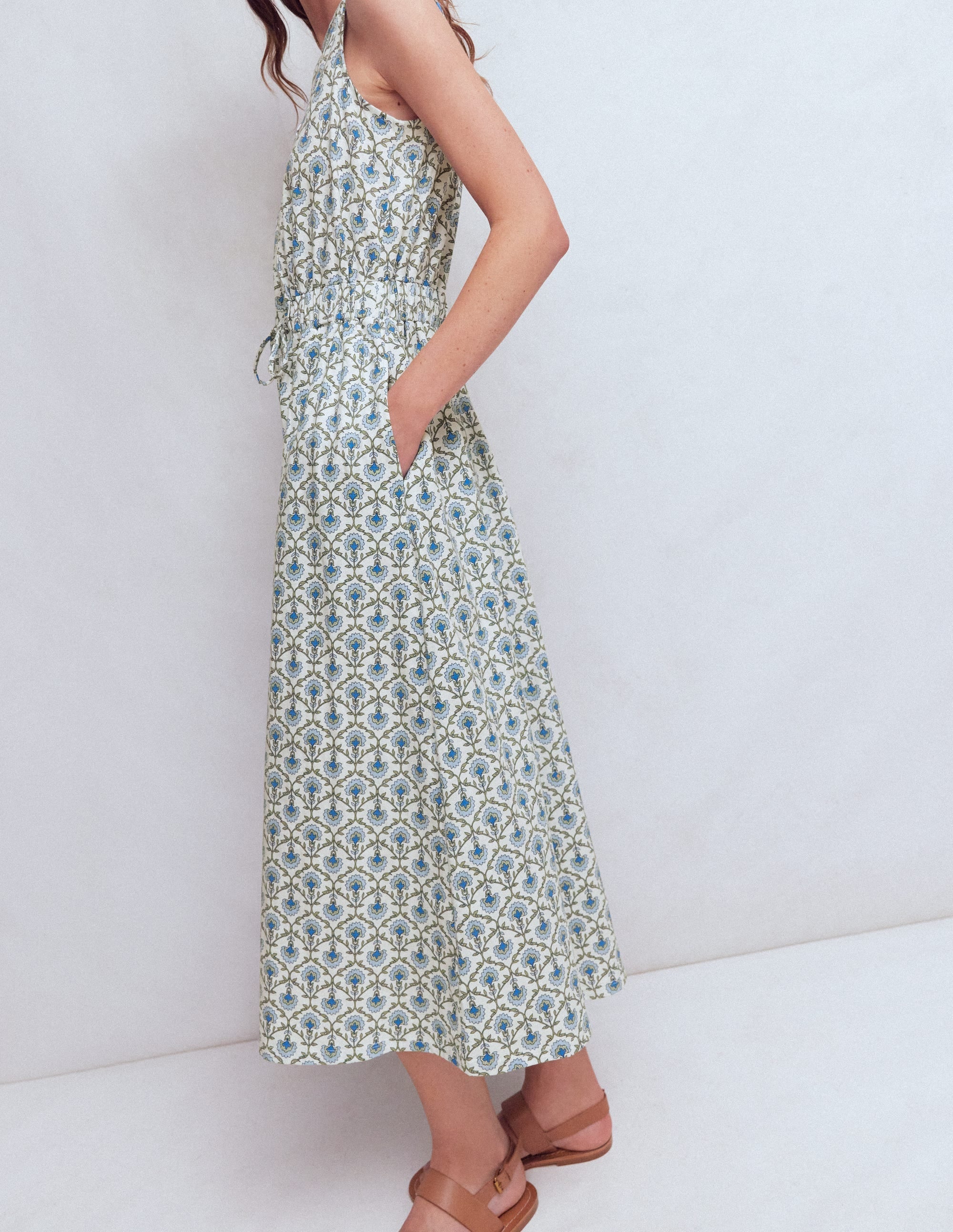 Delphine Midi Sleeveless Dress-Ivory, Flower Lattice